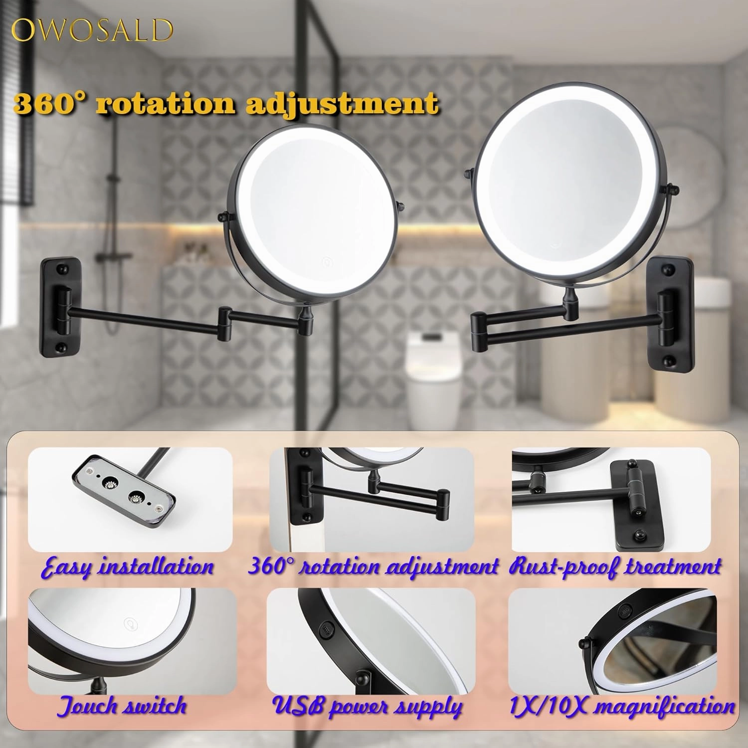Wall Mounted Makeup Mirror, 1X/10X Magnifying, 360° Rotation, 3 Color LED Lighting, Touch Screen Dimming, Extended Arm, Black Bathroom Mirror