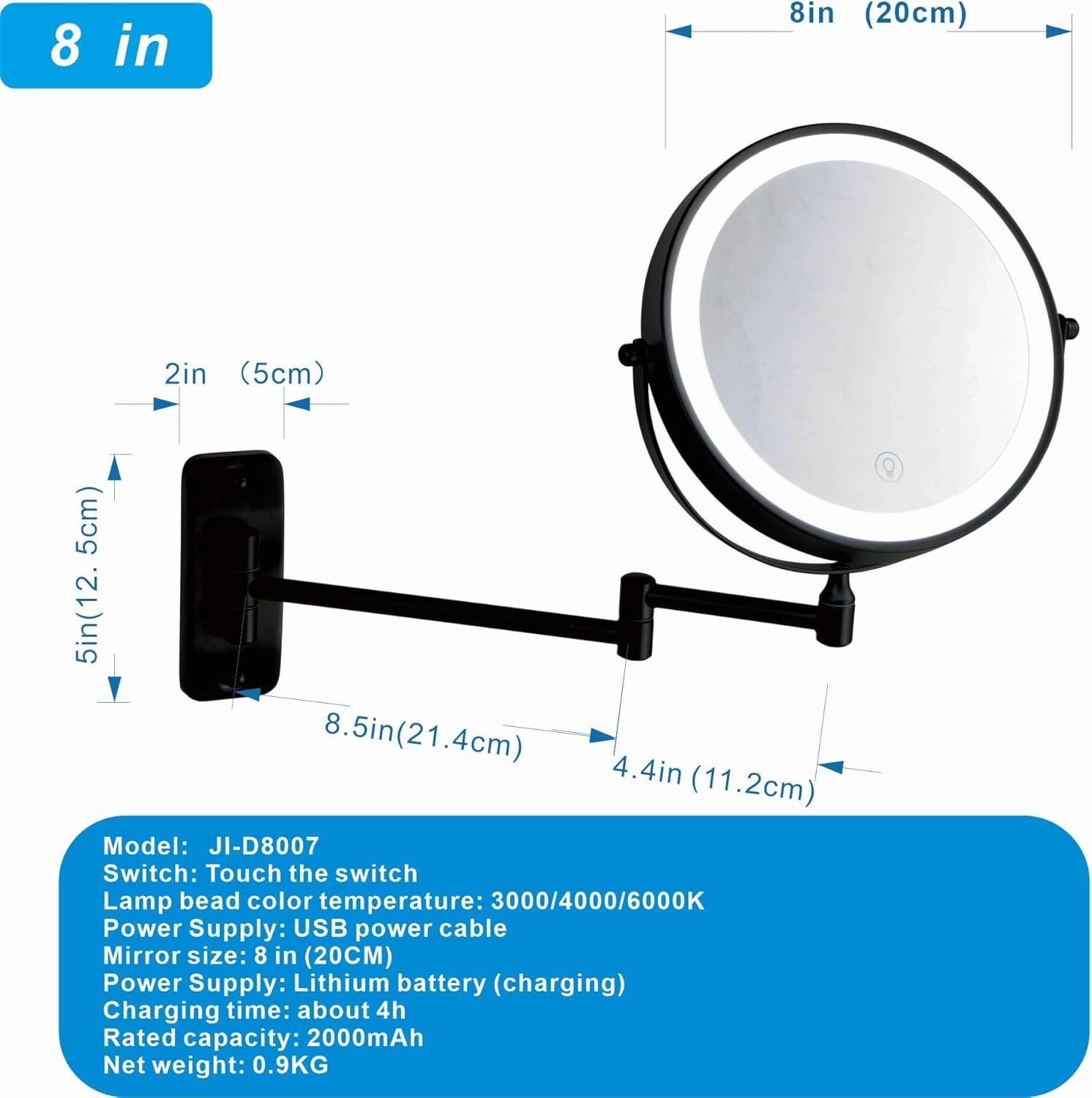 Wall Mounted Makeup Mirror, 1X/10X Magnifying, 360° Rotation, 3 Color LED Lighting, Touch Screen Dimming, Extended Arm, Black Bathroom Mirror