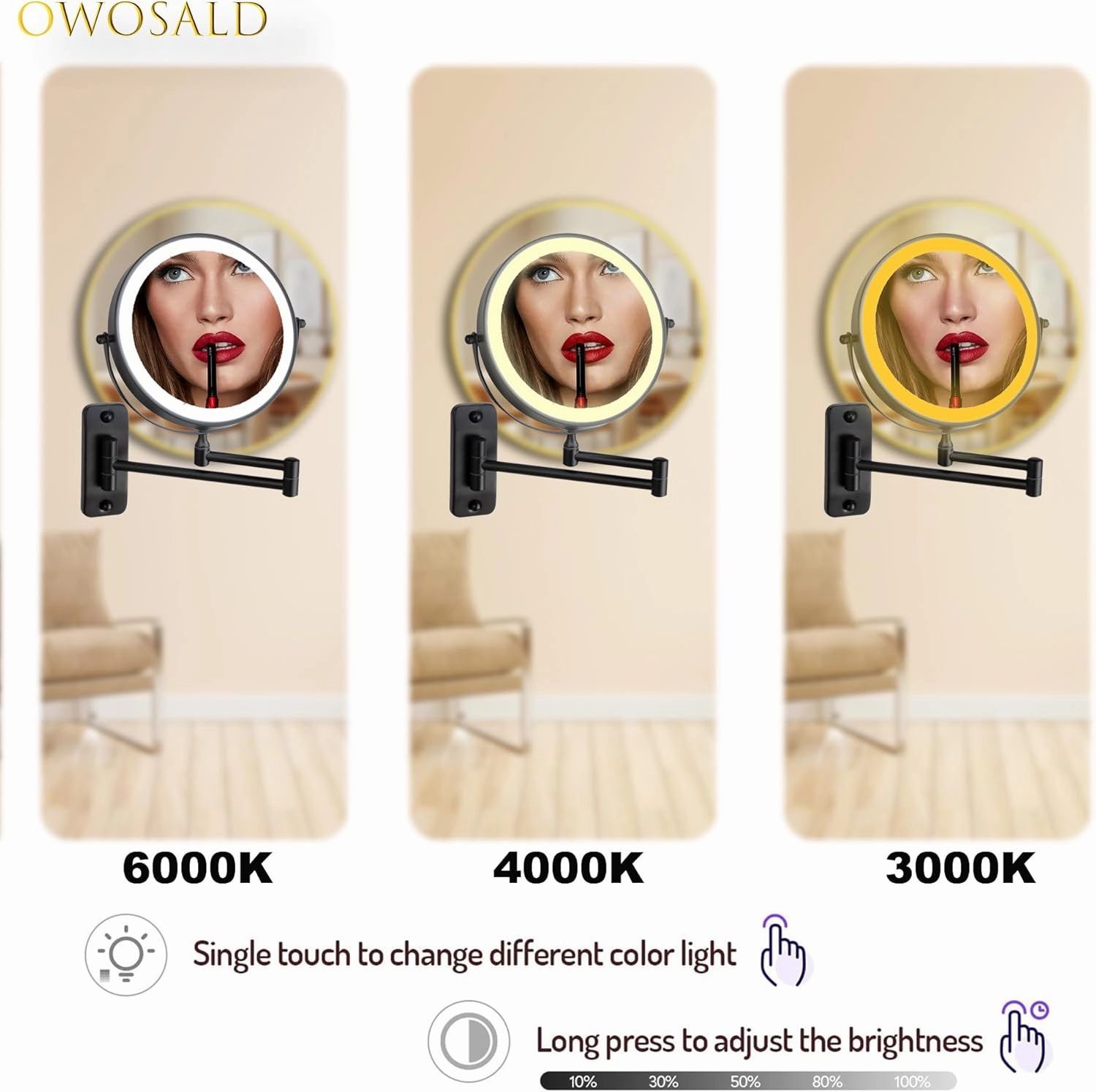 Wall Mounted Makeup Mirror, 1X/10X Magnifying, 360° Rotation, 3 Color LED Lighting, Touch Screen Dimming, Extended Arm, Black Bathroom Mirror