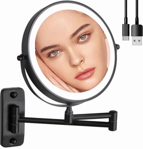 Wall Mounted Makeup Mirror, 1X/10X Magnifying, 360° Rotation, 3 Color LED Lighting, Touch Screen Dimming, Extended Arm, Black Bathroom Mirror