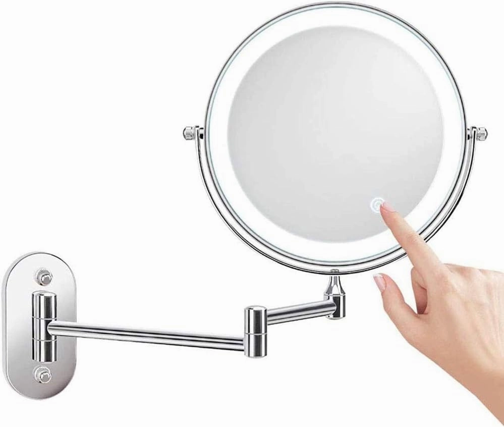 Wall Mounted Makeup Mirror 5X Magnification Two-Sided LED Touch Dimming 360° Swivel Extending Folding Powered