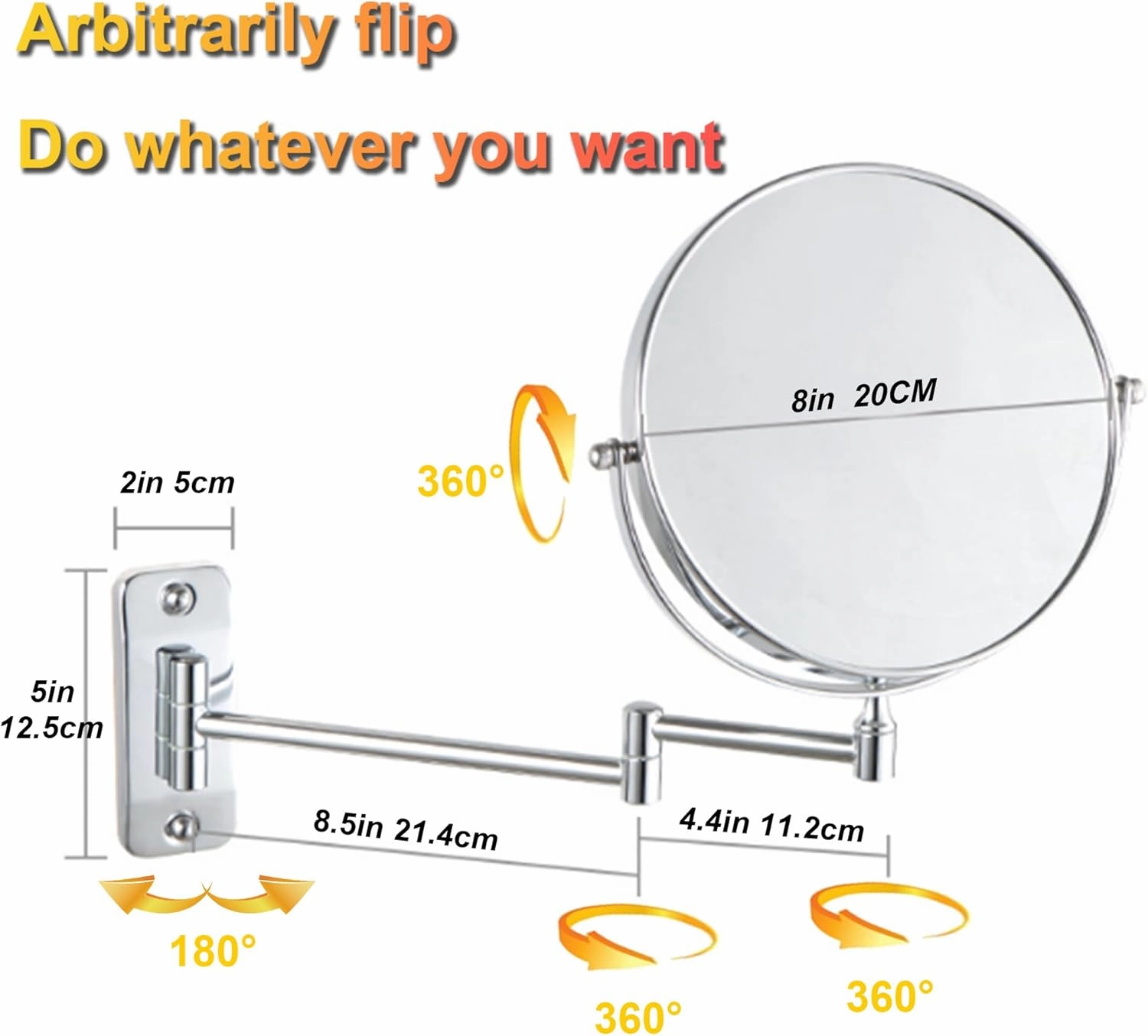 Wall Mounted Makeup Mirror, Double-Sided 1X/10X Magnifying Mirror, Extendable Arm Vanity Mirror, 360° Swivel HD Bathroom Mirror for Makeup, Black Finish (Black, 8“)