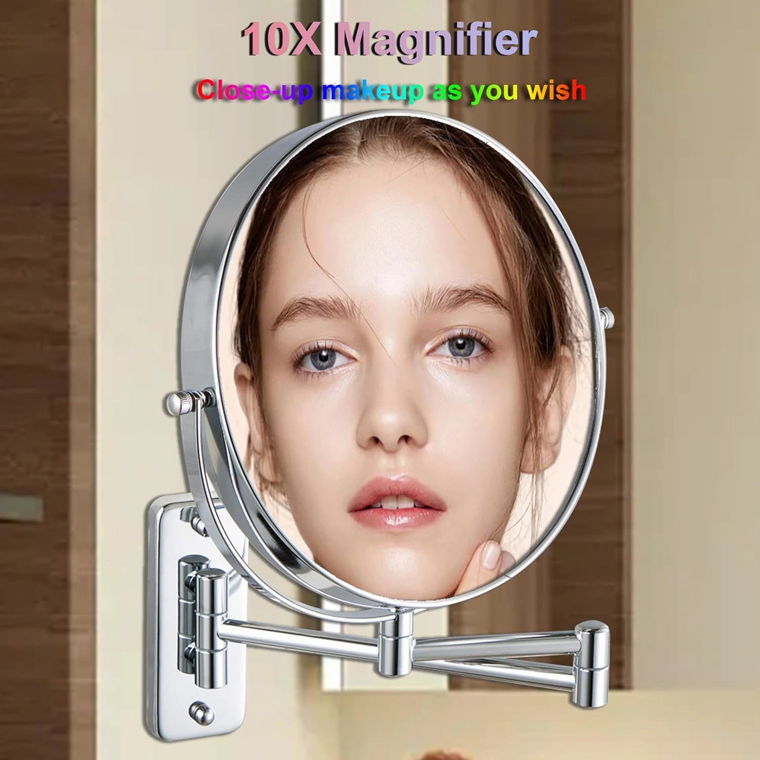 Wall Mounted Makeup Mirror, Double-Sided 1X/10X Magnifying Mirror, Extendable Arm Vanity Mirror, 360° Swivel HD Bathroom Mirror for Makeup, Black Finish (Black, 8“)
