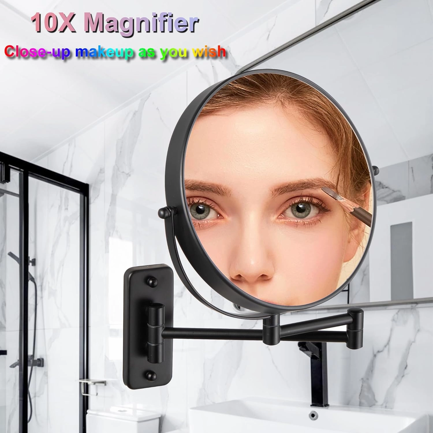 Wall Mounted Makeup Mirror, Double-Sided 1X/10X Magnifying Mirror, Extendable Arm Vanity Mirror, 360° Swivel HD Bathroom Mirror for Makeup, Black Finish (Black, 8“)