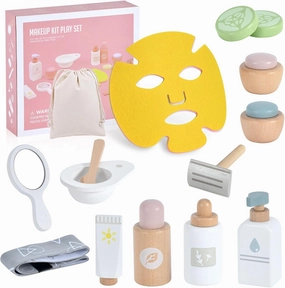 WHOHOLL Wooden Makeup Toy Set, Pretend Beauty Salon Toys Skin Care Learning Toys for Toddler, Daycare Toys Christmas Birthday Gift for 2 3 4 5  Year Old Girls - Facial Cleanser, Mirror, Face Mask