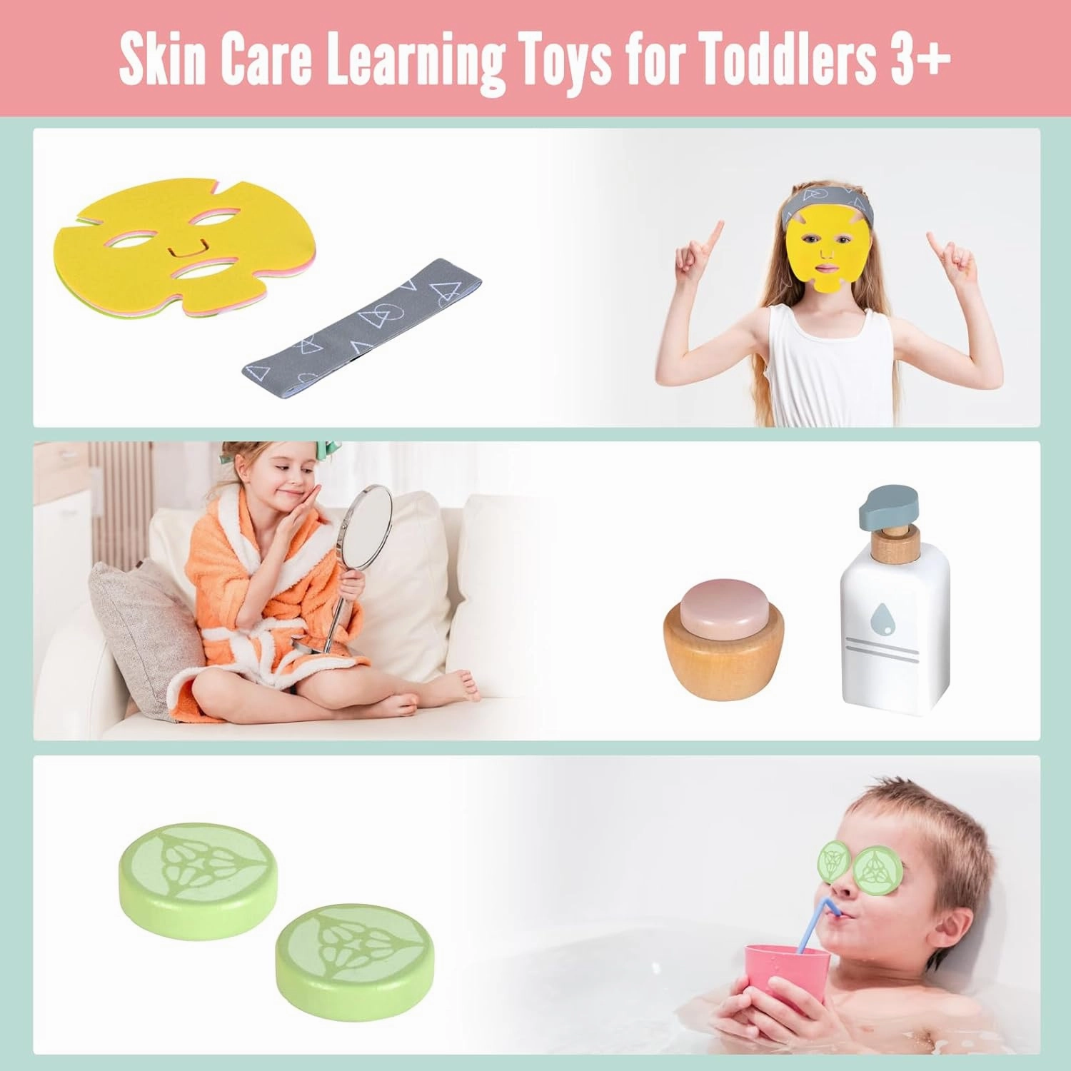 WHOHOLL Wooden Makeup Toy Set, Pretend Beauty Salon Toys Skin Care Learning Toys for Toddler, Daycare Toys Christmas Birthday Gift for 2 3 4 5  Year Old Girls - Facial Cleanser, Mirror, Face Mask
