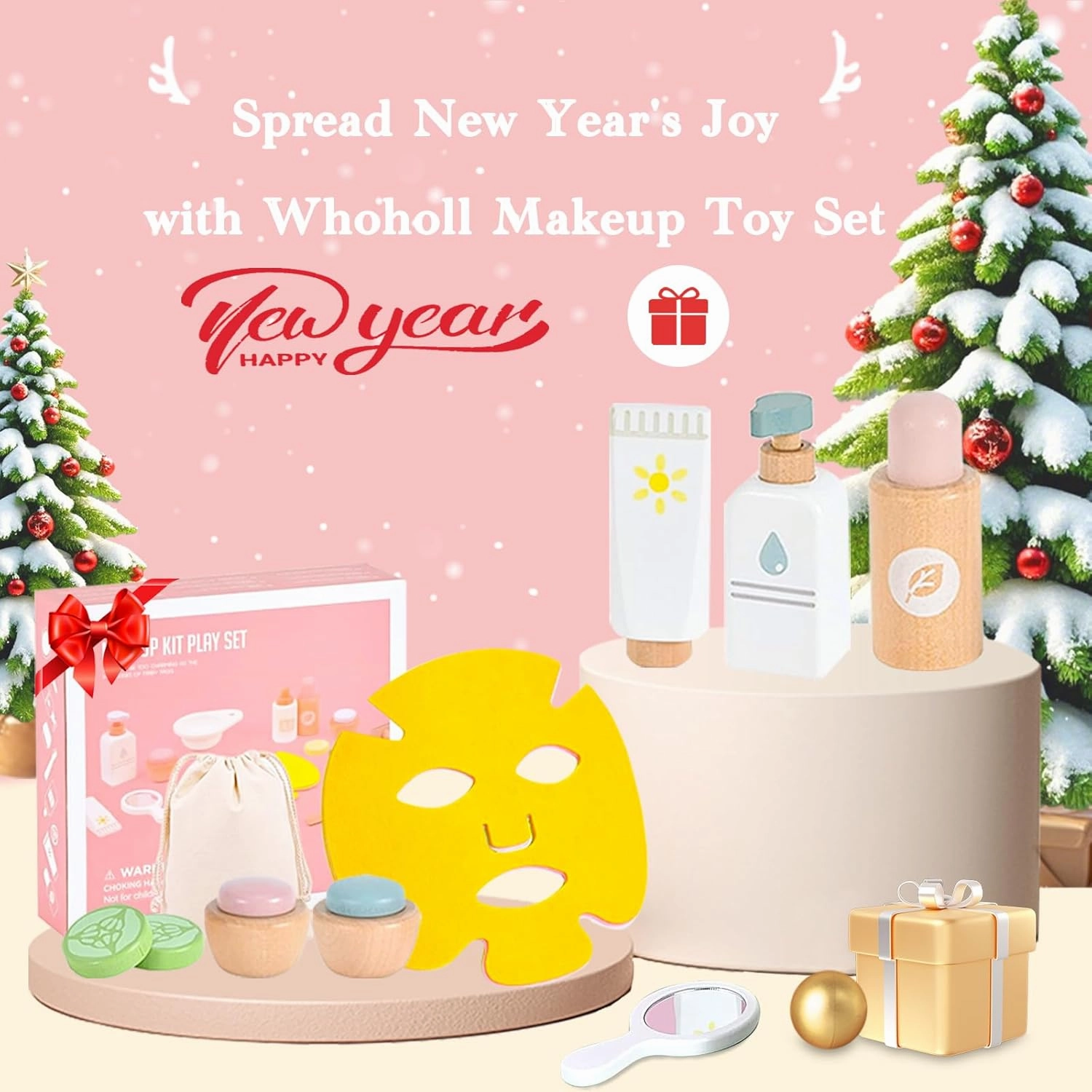WHOHOLL Wooden Makeup Toy Set, Pretend Beauty Salon Toys Skin Care Learning Toys for Toddler, Daycare Toys Christmas Birthday Gift for 2 3 4 5  Year Old Girls - Facial Cleanser, Mirror, Face Mask