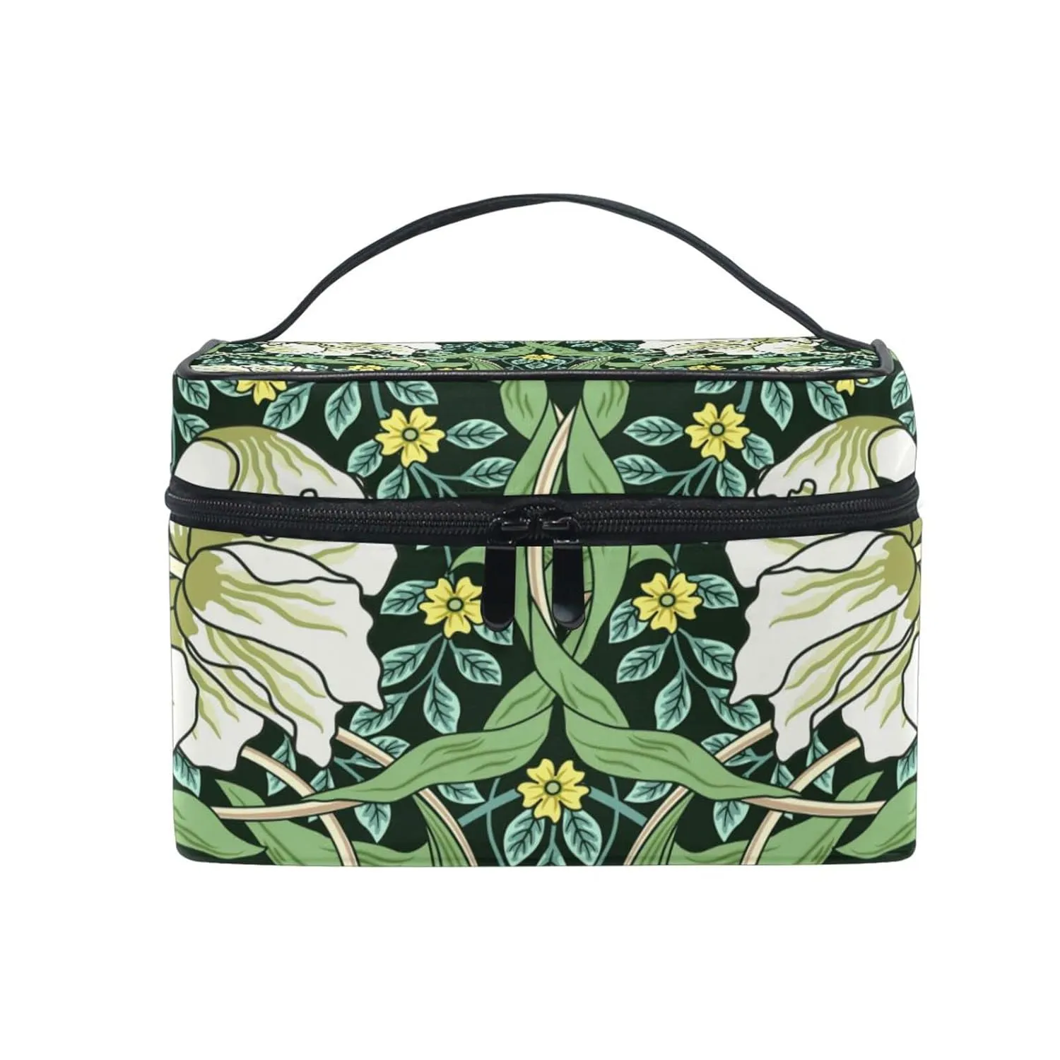 William Morris White Flowers, Yellow Flowers, Green Foliage Leaves Beauty Cosmetic with Zipper Brush Portable Storage Bag, Fashion printing Toiletry, Durable Travel Organizer Tote Unisex Gifts