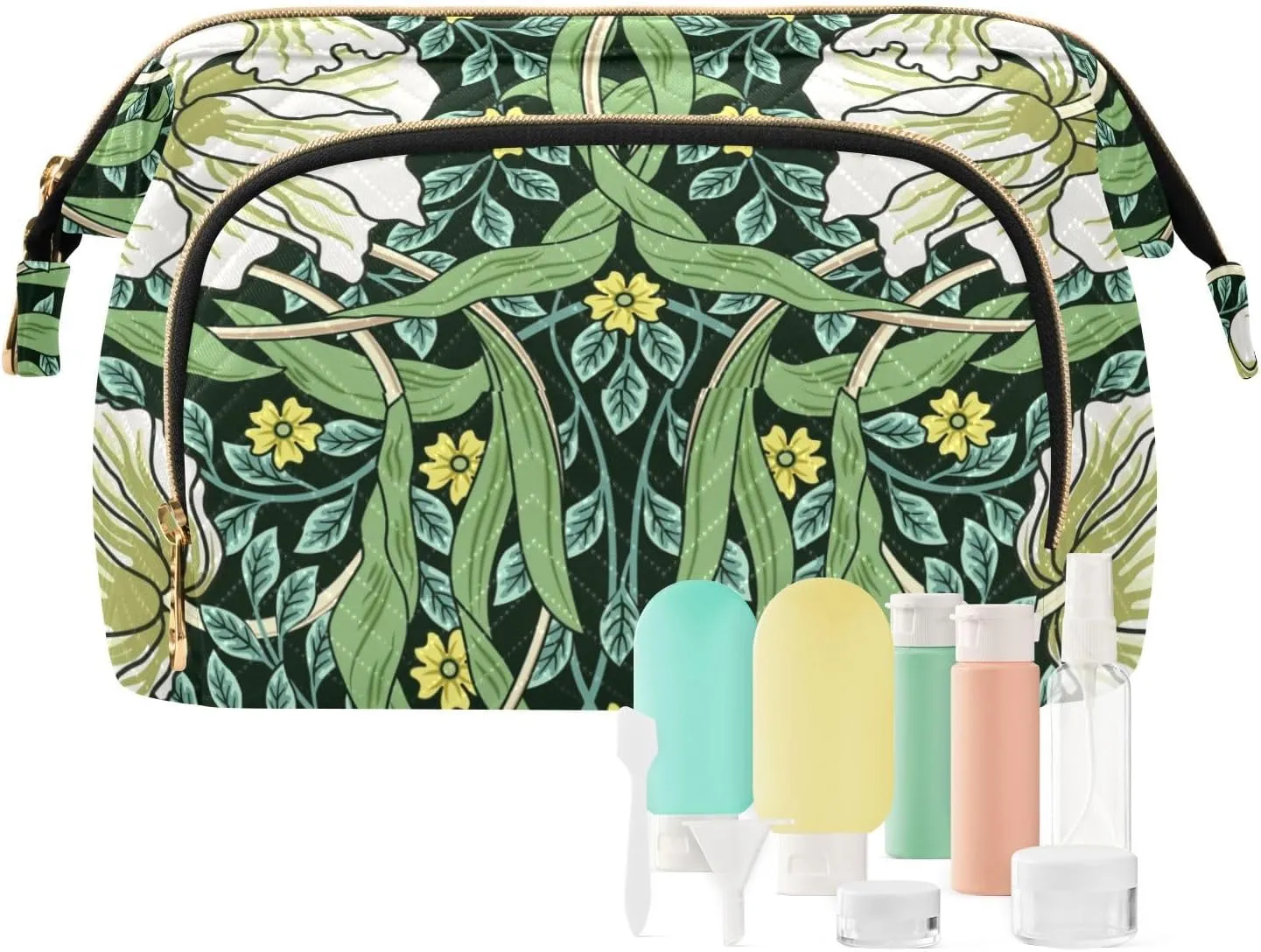 William Morris White Flowers Yellow Flowers Green Foliage Leaves Women Cosmetic Bag Makeup Bag Stylish Trip Beauty Bag Travel Toiletry Bag with Bottle Organizer 10.2 x 5.9 x 6.7 inch