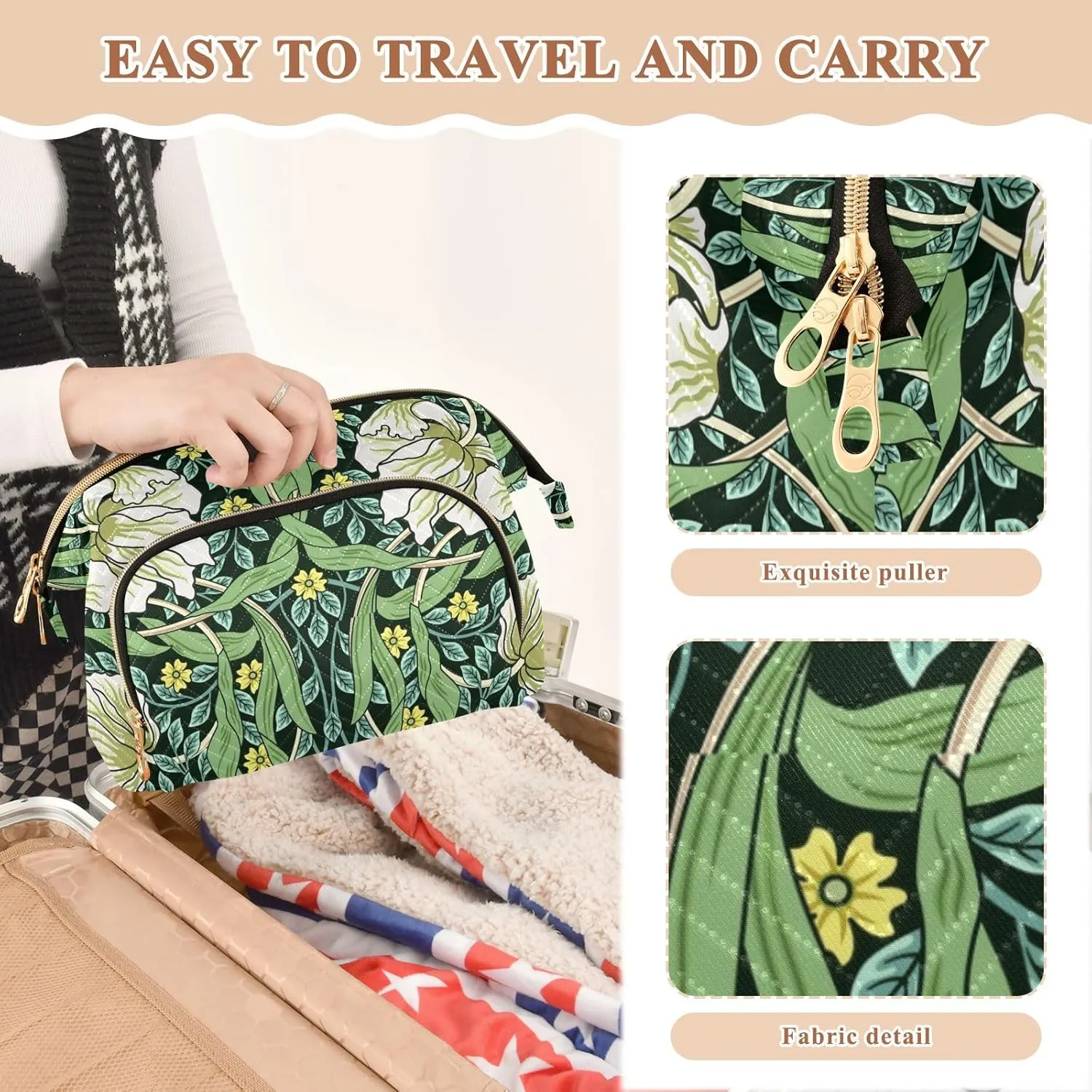 William Morris White Flowers Yellow Flowers Green Foliage Leaves Women Cosmetic Bag Makeup Bag Stylish Trip Beauty Bag Travel Toiletry Bag with Bottle Organizer 10.2 x 5.9 x 6.7 inch