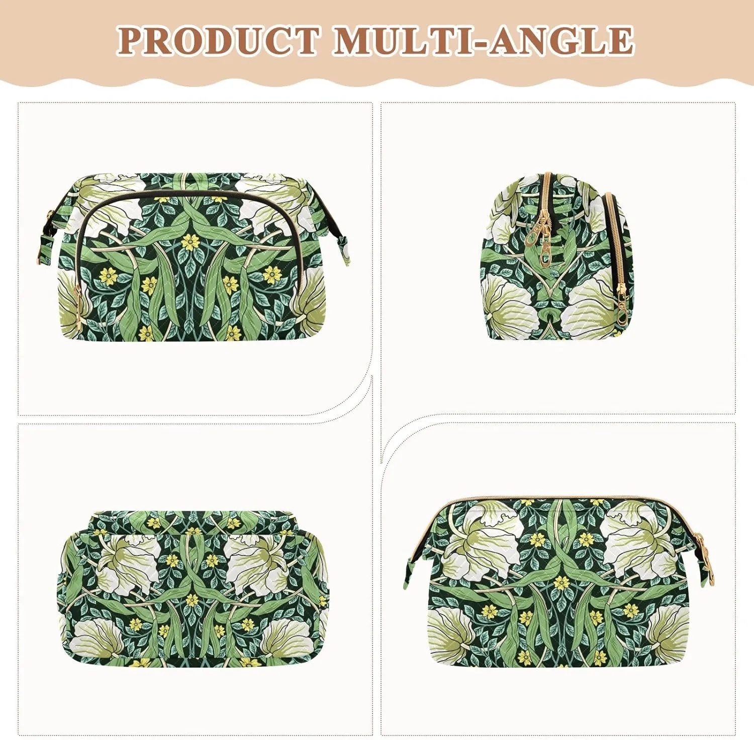 William Morris White Flowers Yellow Flowers Green Foliage Leaves Women Cosmetic Bag Makeup Bag Stylish Trip Beauty Bag Travel Toiletry Bag with Bottle Organizer 10.2 x 5.9 x 6.7 inch