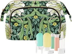 William Morris White Flowers Yellow Flowers Green Foliage Leaves Women Cosmetic Bag Makeup Bag Stylish Trip Beauty Bag Travel Toiletry Bag with Bottle Organizer 10.2 x 5.9 x 6.7 inch
