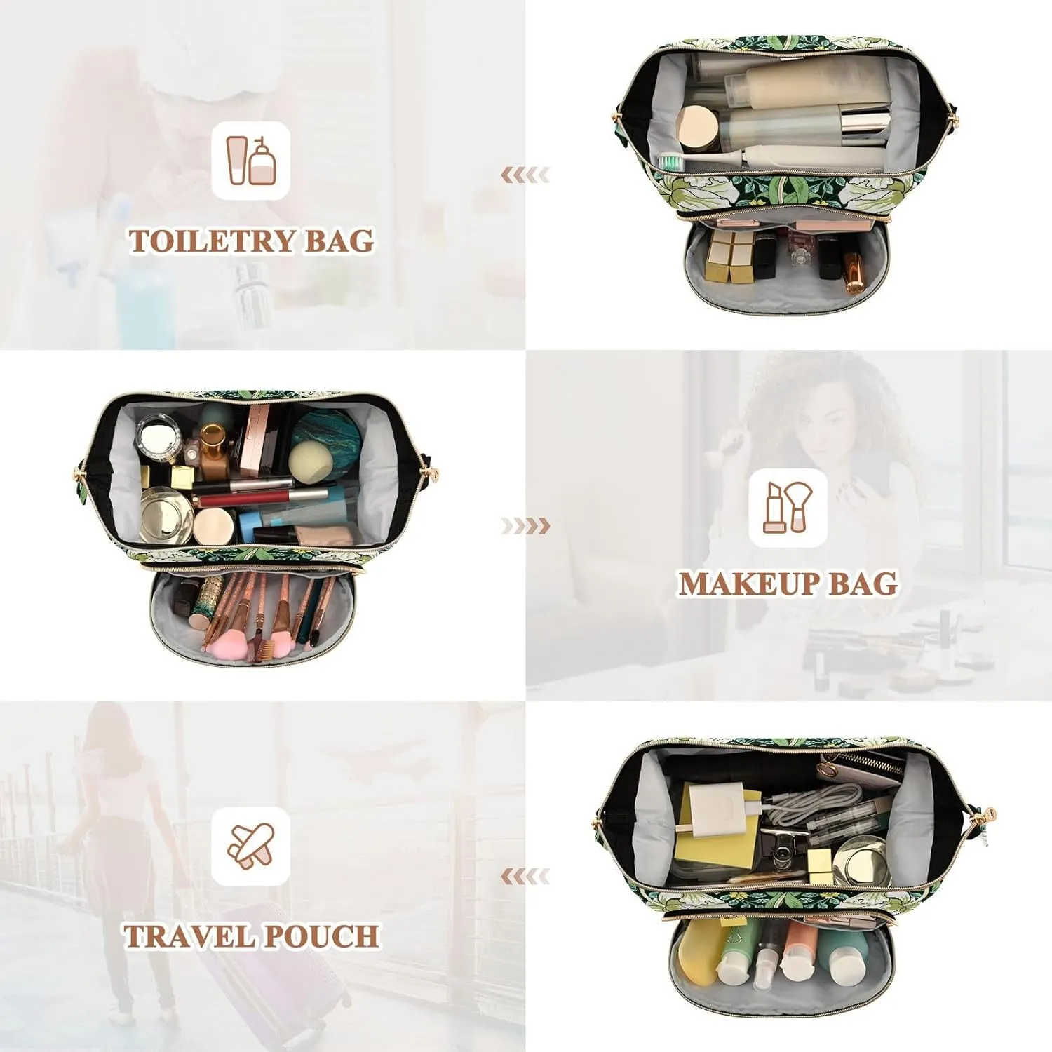 William Morris White Flowers Yellow Flowers Green Foliage Leaves Women Cosmetic Bag Makeup Bag Stylish Trip Beauty Bag Travel Toiletry Bag with Bottle Organizer 10.2 x 5.9 x 6.7 inch