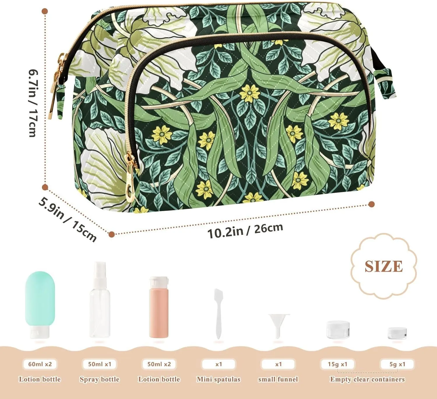William Morris White Flowers Yellow Flowers Green Foliage Leaves Women Cosmetic Bag Makeup Bag Stylish Trip Beauty Bag Travel Toiletry Bag with Bottle Organizer 10.2 x 5.9 x 6.7 inch