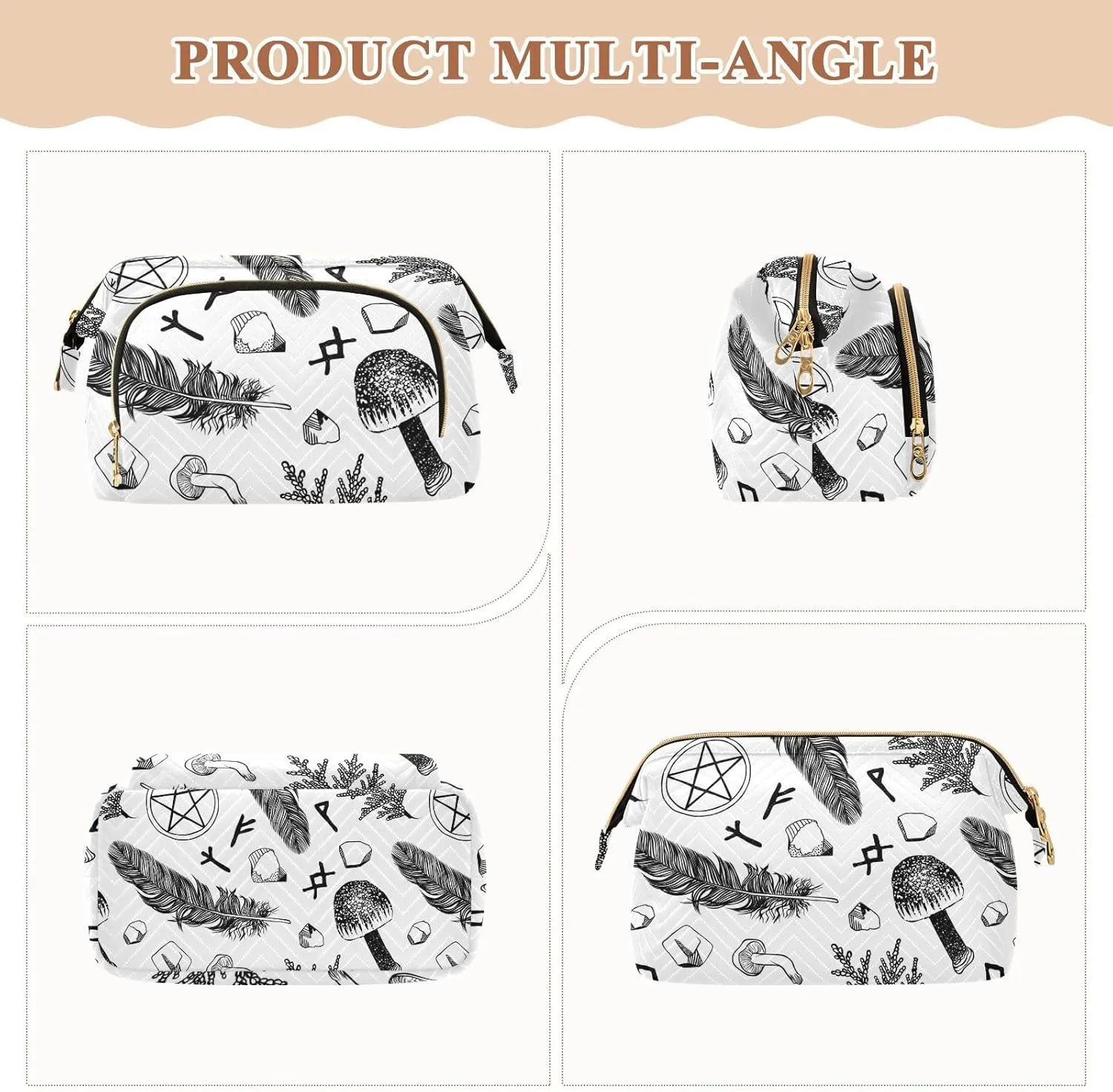 Witchcraft with Ritual Things Feather Black White Women Cosmetic Bag Makeup Bag Stylish Trip Beauty Bag Travel Toiletry Bag with Bottle Organizer 10.2 x 5.9 x 6.7 inch