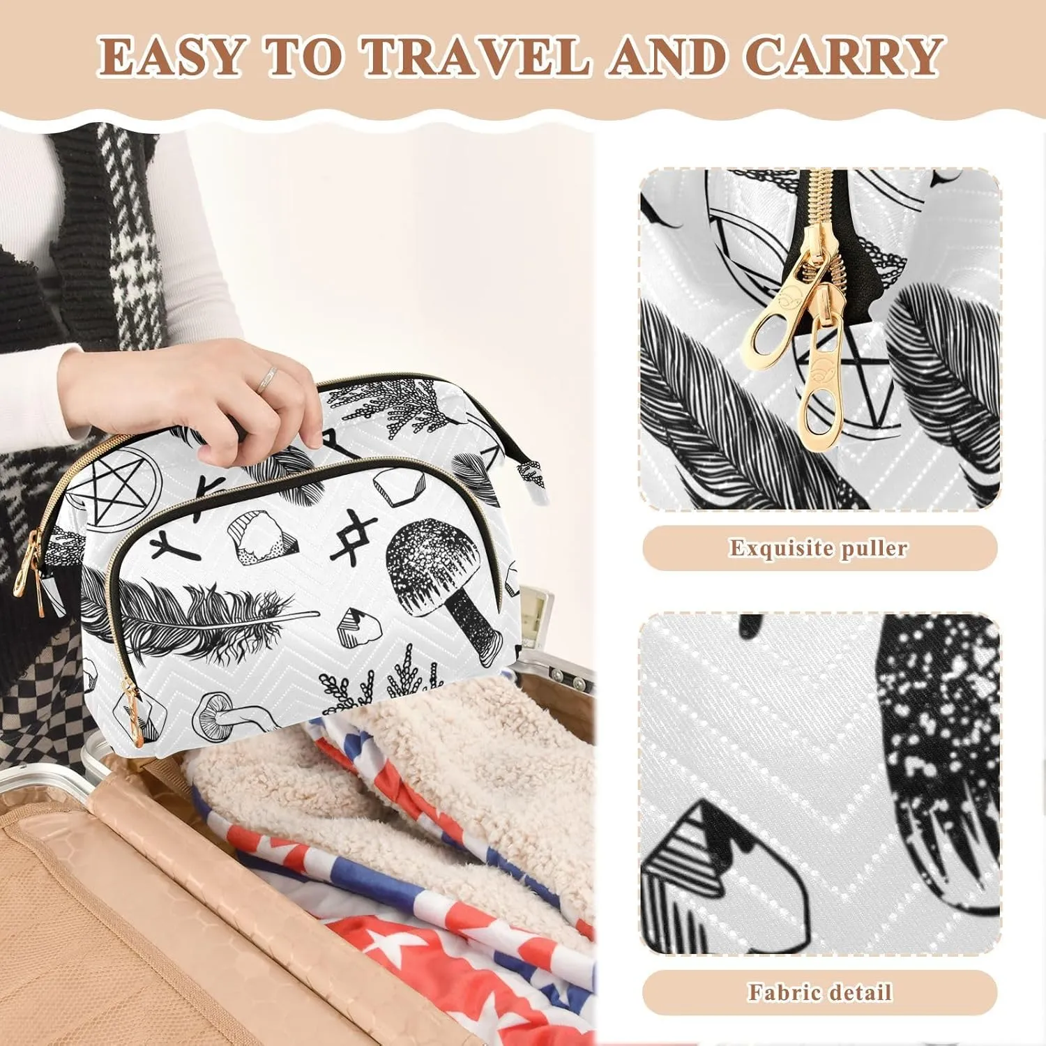 Witchcraft with Ritual Things Feather Black White Women Cosmetic Bag Makeup Bag Stylish Trip Beauty Bag Travel Toiletry Bag with Bottle Organizer 10.2 x 5.9 x 6.7 inch