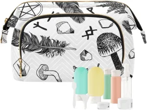 Witchcraft with Ritual Things Feather Black White Women Cosmetic Bag Makeup Bag Stylish Trip Beauty Bag Travel Toiletry Bag with Bottle Organizer 10.2 x 5.9 x 6.7 inch