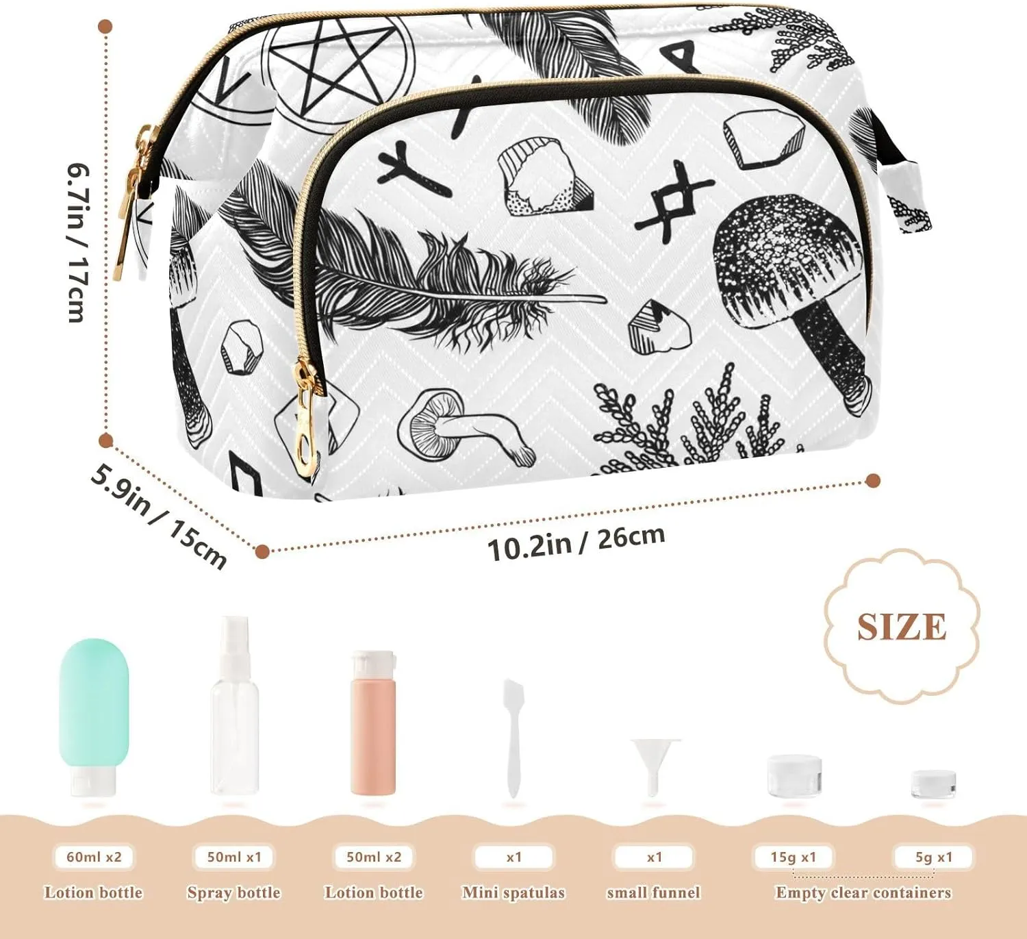 Witchcraft with Ritual Things Feather Black White Women Cosmetic Bag Makeup Bag Stylish Trip Beauty Bag Travel Toiletry Bag with Bottle Organizer 10.2 x 5.9 x 6.7 inch