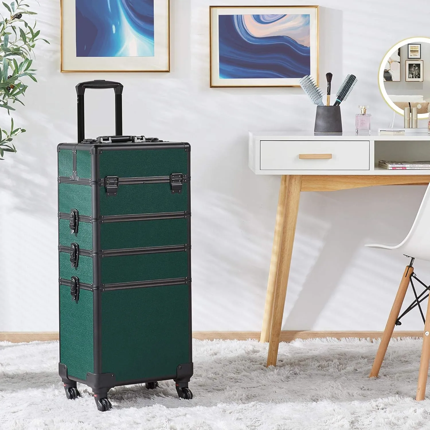 Yaheetech 4 in 1 Aluminum Rolling Makeup Case Professional Cosmetic Case Makeup Train Case Cosmetic Organizer Makeup Trolley Dark Green