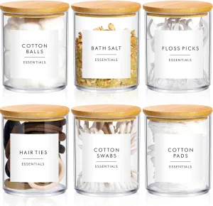 Yaomiao 6 Cotton Pad Holder Bathroom Container, 10 oz Cotton Ball Swabs Dispenser, Clear Plastic Apothecary Jar Organizer with Bamboo Lids for Storage Floss Pick Makeup(Wood Color)