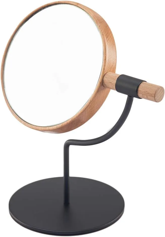YEAKE Desk Table Mirror with Mental Stand, 3X Magnification Small Wooden Desktop Mirror,360° Rotation Countertop Mirror for Makeup (Black)