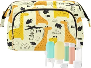 Yellow Cartoon Giraffes Rainbow Waterdrops Black Palm Tree Leaves Women Cosmetic Bag Makeup Bag Stylish Trip Beauty Bag Travel Toiletry Bag with Bottle Organizer 10.2 x 5.9 x 6.7 inch