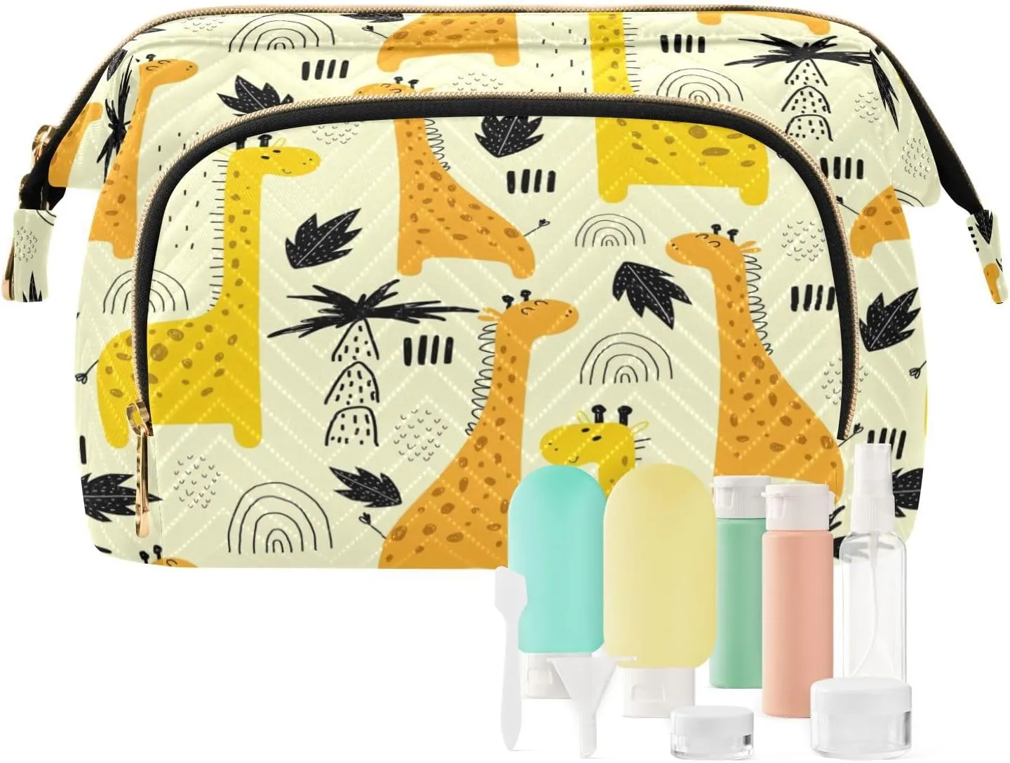 Yellow Cartoon Giraffes Rainbow Waterdrops Black Palm Tree Leaves Women Cosmetic Bag Makeup Bag Stylish Trip Beauty Bag Travel Toiletry Bag with Bottle Organizer 10.2 x 5.9 x 6.7 inch