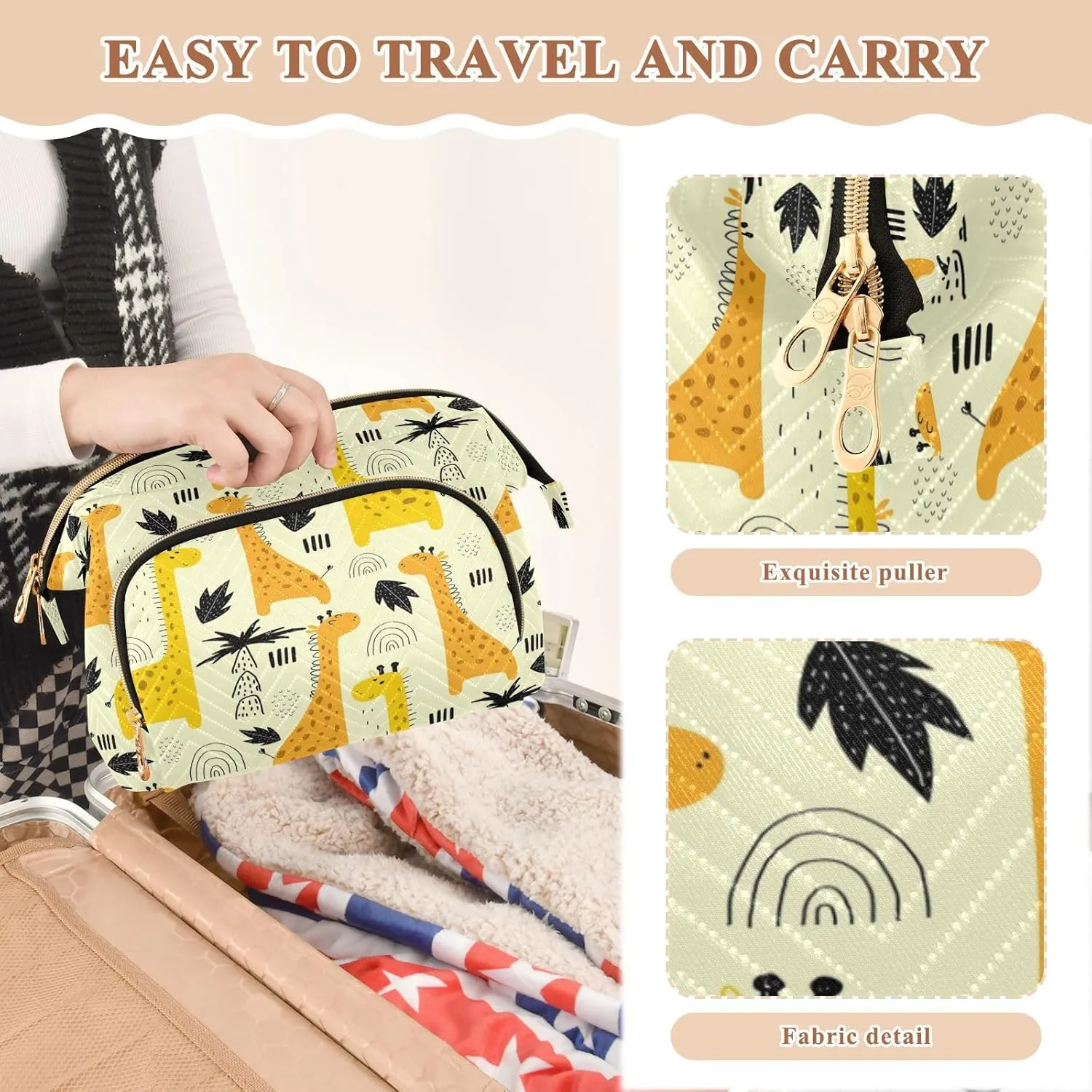 Yellow Cartoon Giraffes Rainbow Waterdrops Black Palm Tree Leaves Women Cosmetic Bag Makeup Bag Stylish Trip Beauty Bag Travel Toiletry Bag with Bottle Organizer 10.2 x 5.9 x 6.7 inch