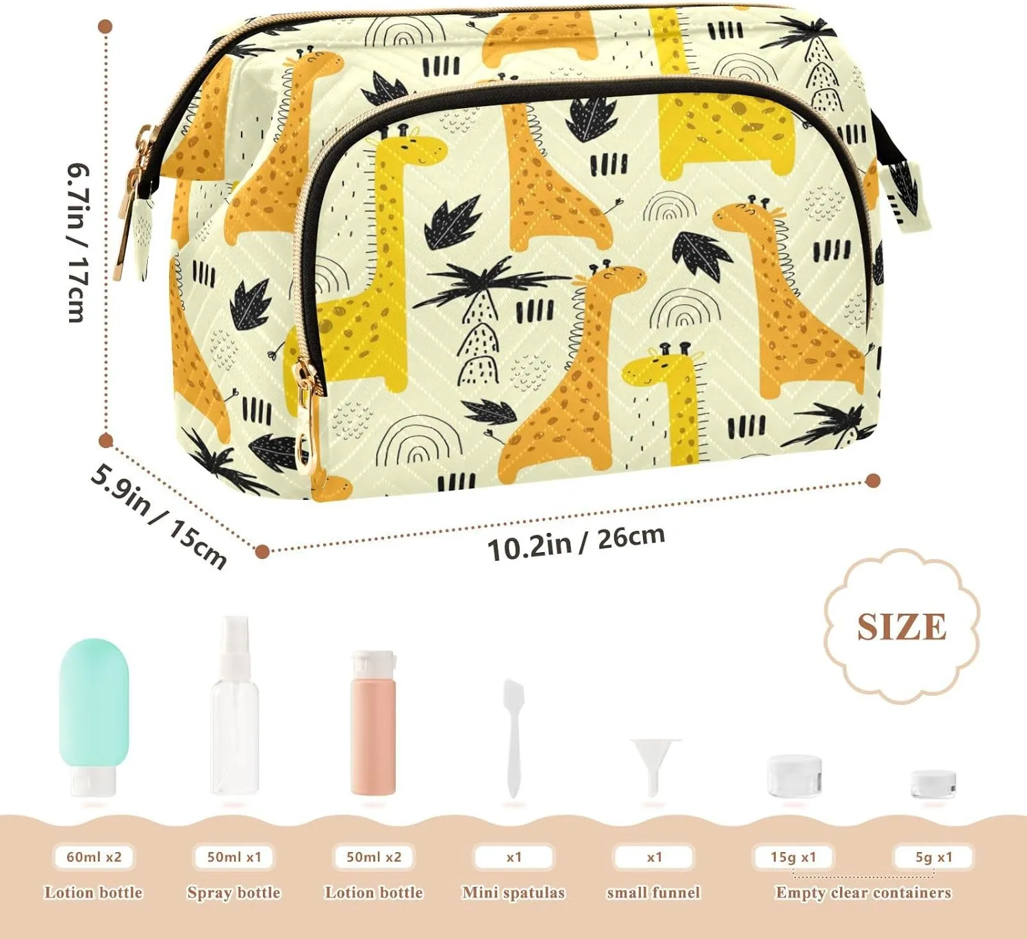 Yellow Cartoon Giraffes Rainbow Waterdrops Black Palm Tree Leaves Women Cosmetic Bag Makeup Bag Stylish Trip Beauty Bag Travel Toiletry Bag with Bottle Organizer 10.2 x 5.9 x 6.7 inch