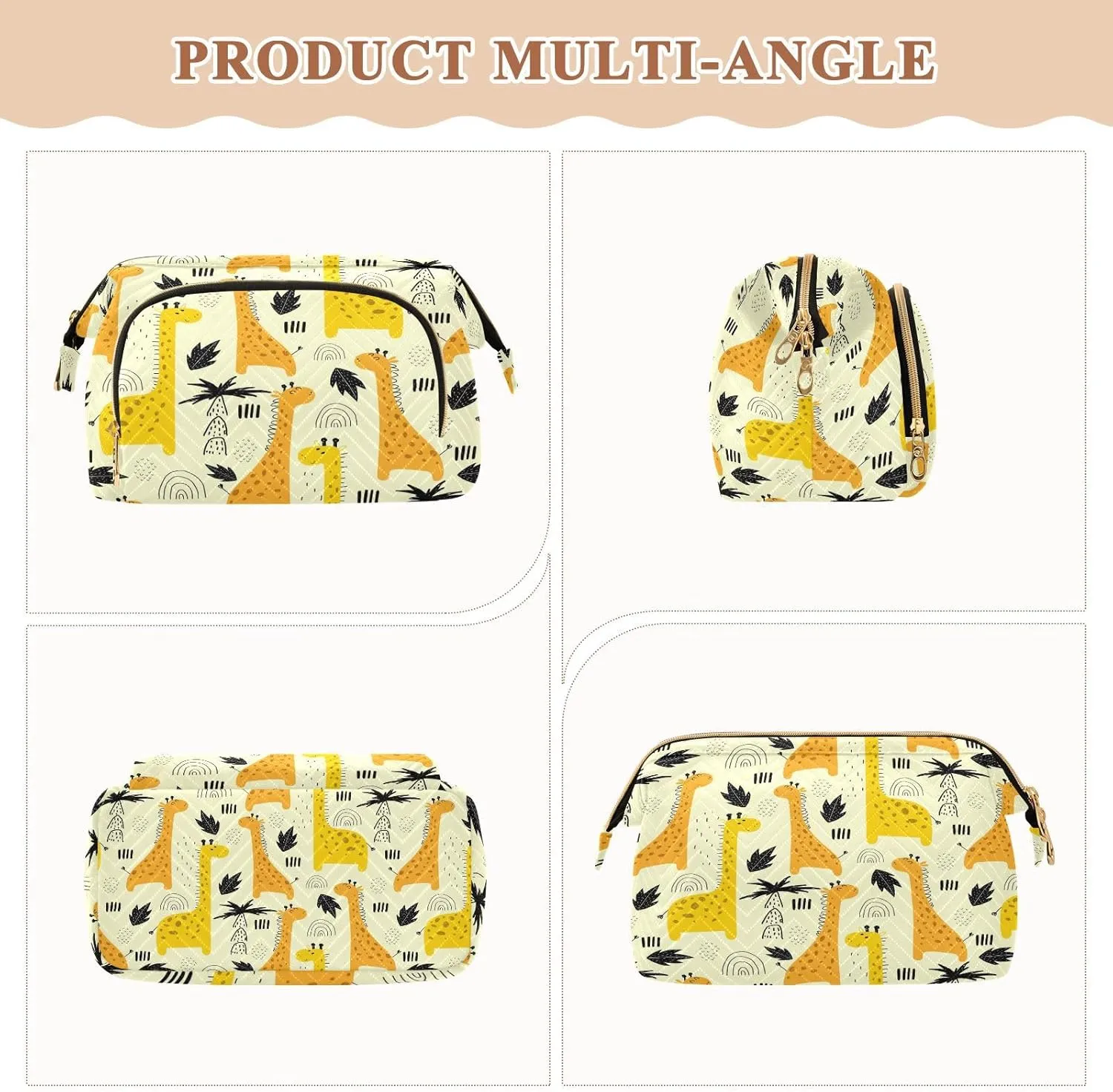 Yellow Cartoon Giraffes Rainbow Waterdrops Black Palm Tree Leaves Women Cosmetic Bag Makeup Bag Stylish Trip Beauty Bag Travel Toiletry Bag with Bottle Organizer 10.2 x 5.9 x 6.7 inch