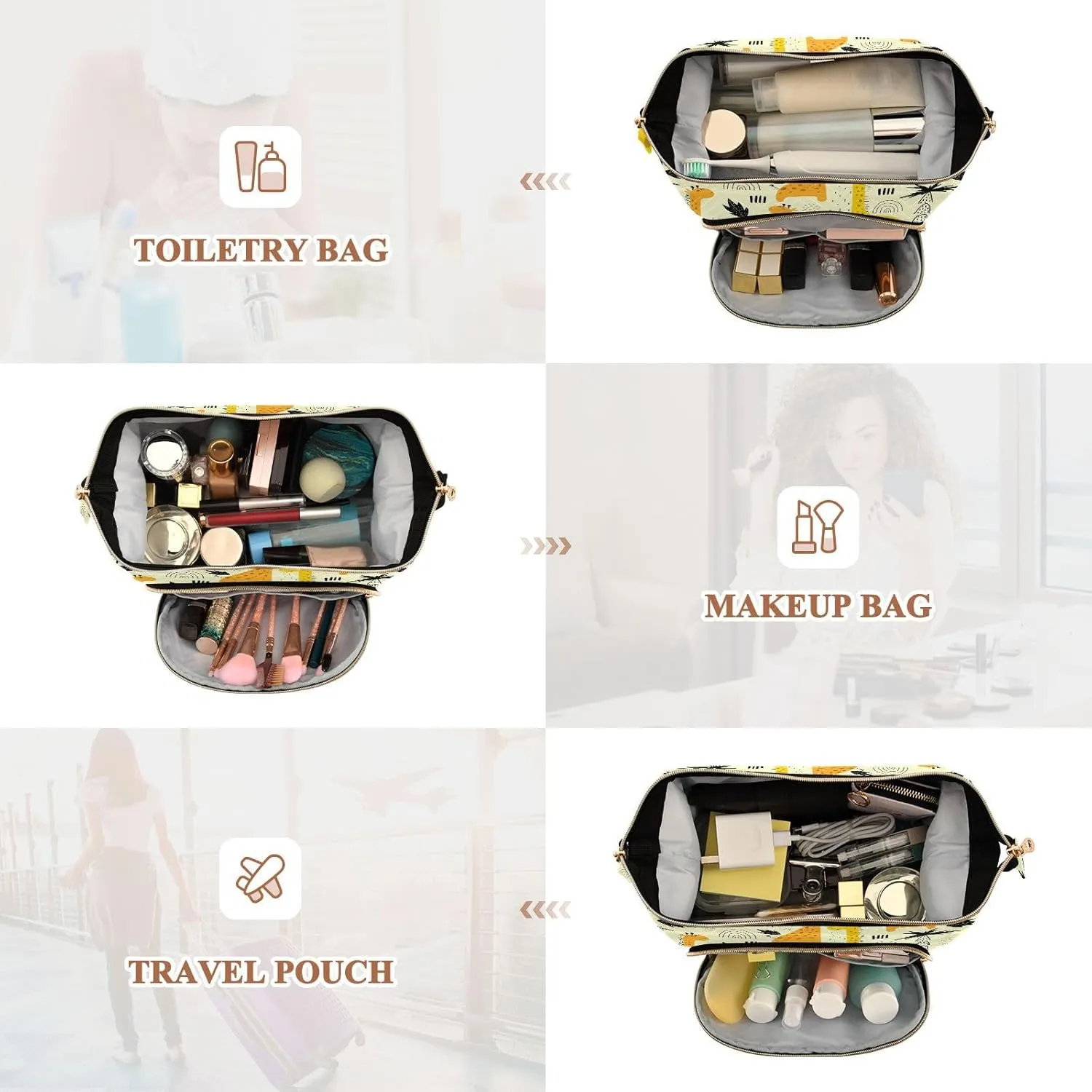 Yellow Cartoon Giraffes Rainbow Waterdrops Black Palm Tree Leaves Women Cosmetic Bag Makeup Bag Stylish Trip Beauty Bag Travel Toiletry Bag with Bottle Organizer 10.2 x 5.9 x 6.7 inch