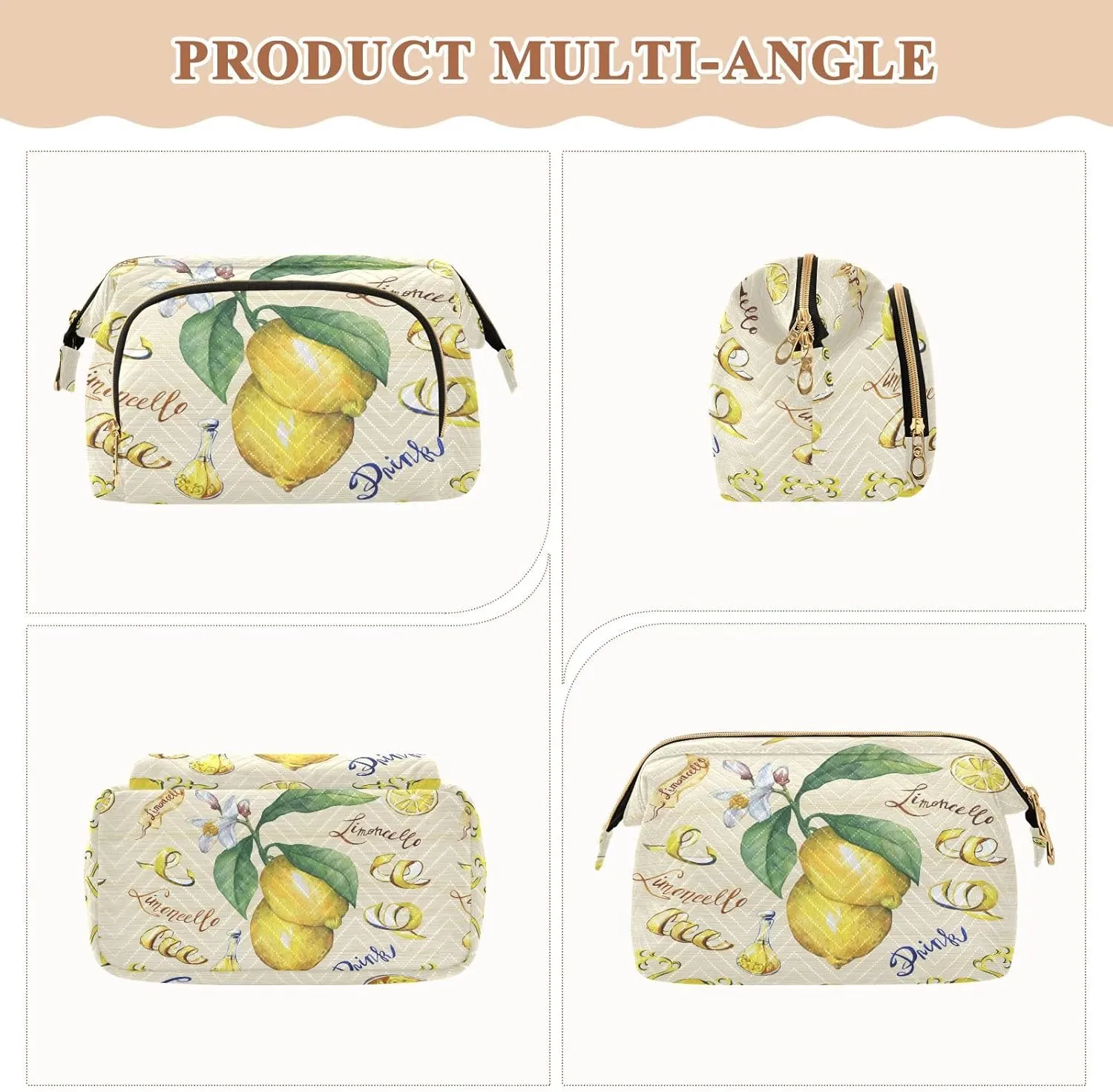 Yellow Fresh Citrus Fruit Lemon with Green Leaves and Flowers Women Cosmetic Bag Makeup Bag Stylish Trip Beauty Bag Travel Toiletry Bag with Bottle Organizer 10.2 x 5.9 x 6.7 inch