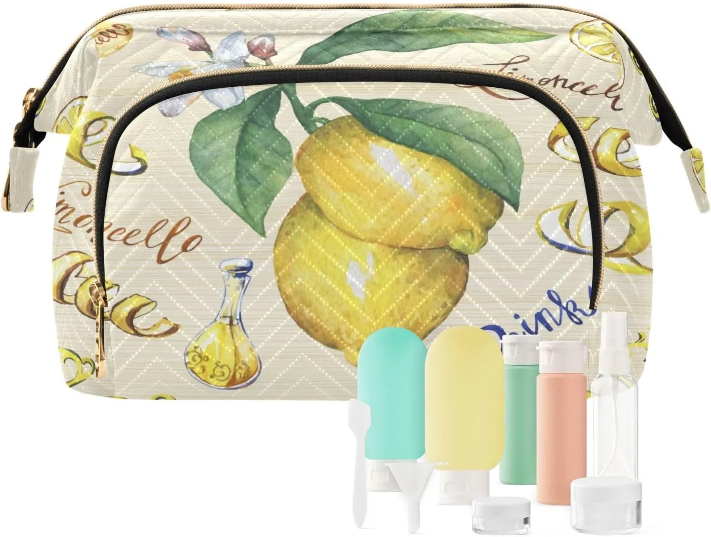 Yellow Fresh Citrus Fruit Lemon with Green Leaves and Flowers Women Cosmetic Bag Makeup Bag Stylish Trip Beauty Bag Travel Toiletry Bag with Bottle Organizer 10.2 x 5.9 x 6.7 inch