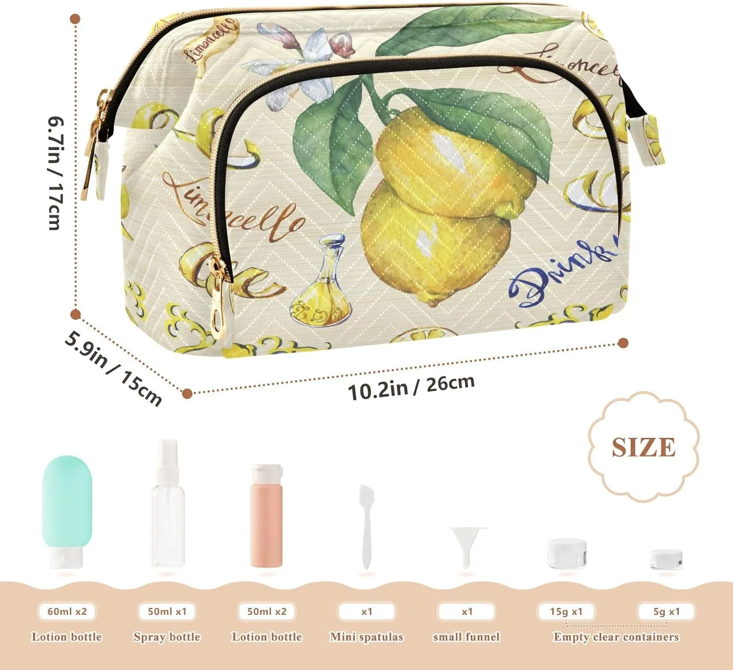 Yellow Fresh Citrus Fruit Lemon with Green Leaves and Flowers Women Cosmetic Bag Makeup Bag Stylish Trip Beauty Bag Travel Toiletry Bag with Bottle Organizer 10.2 x 5.9 x 6.7 inch