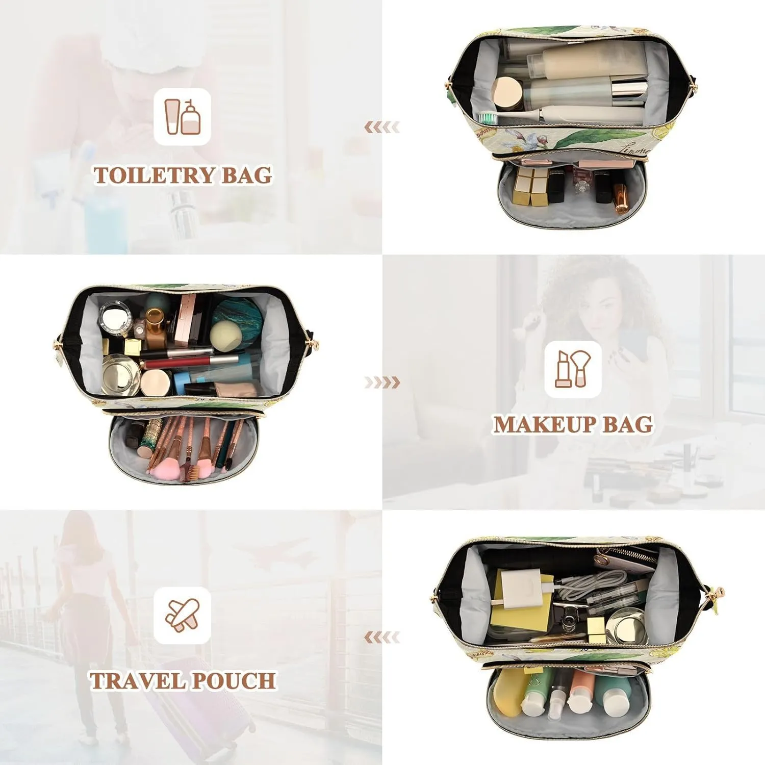 Yellow Fresh Citrus Fruit Lemon with Green Leaves and Flowers Women Cosmetic Bag Makeup Bag Stylish Trip Beauty Bag Travel Toiletry Bag with Bottle Organizer 10.2 x 5.9 x 6.7 inch
