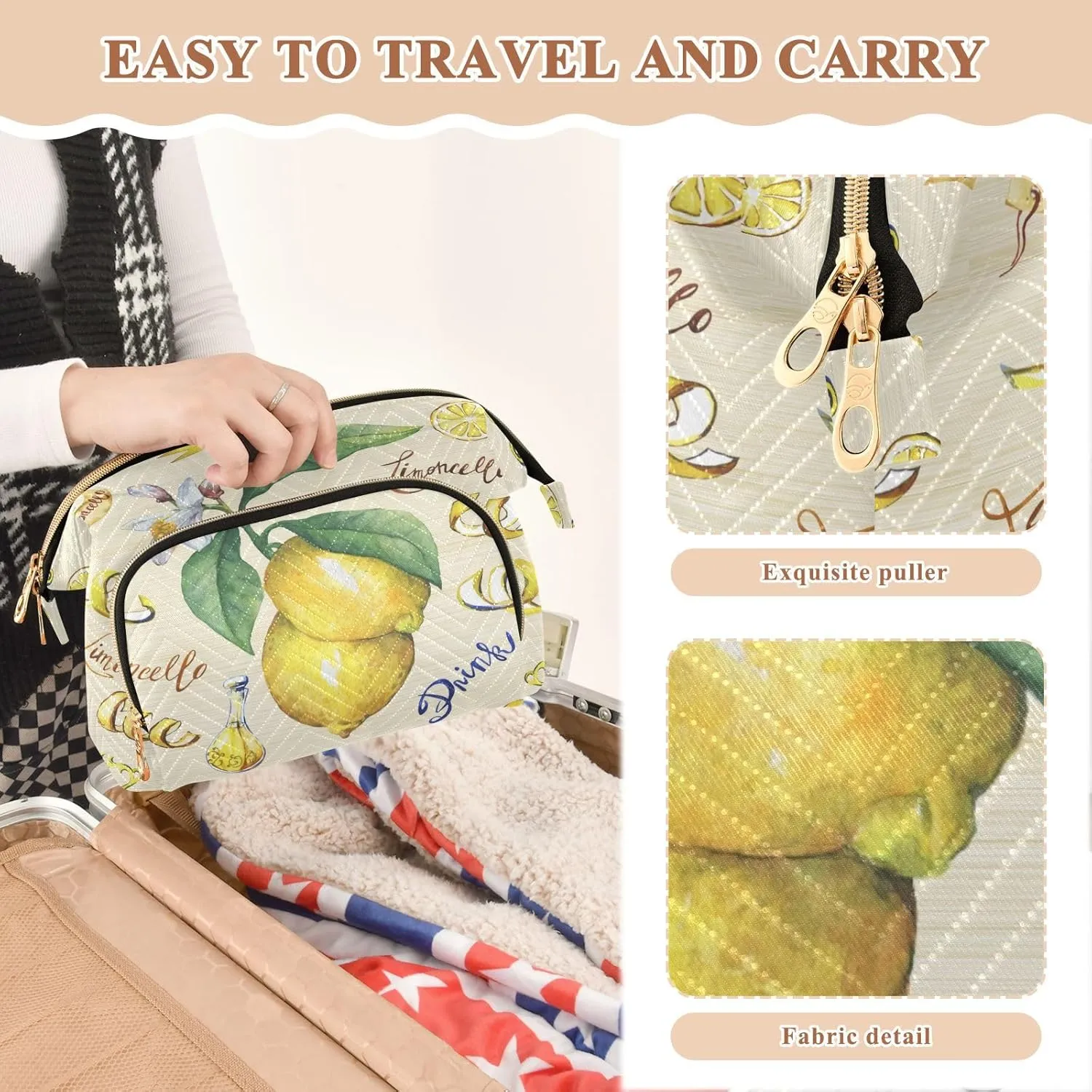 Yellow Fresh Citrus Fruit Lemon with Green Leaves and Flowers Women Cosmetic Bag Makeup Bag Stylish Trip Beauty Bag Travel Toiletry Bag with Bottle Organizer 10.2 x 5.9 x 6.7 inch