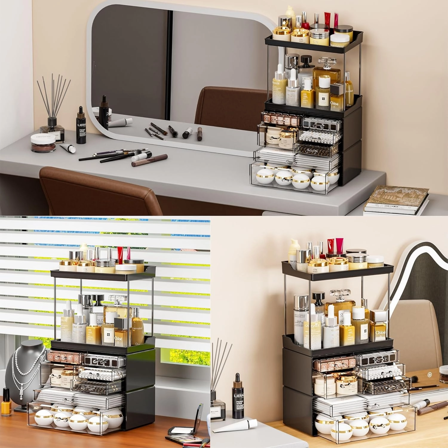 Yieach Acrylic Makeup Organizer Countertop,Large Skincare Organizer for Dresser Top,Plastic Bathroom Counter Organizers and Storage for Beauty,Cosmetic,Hair Products,Lotion and Perfume Organizer,Black