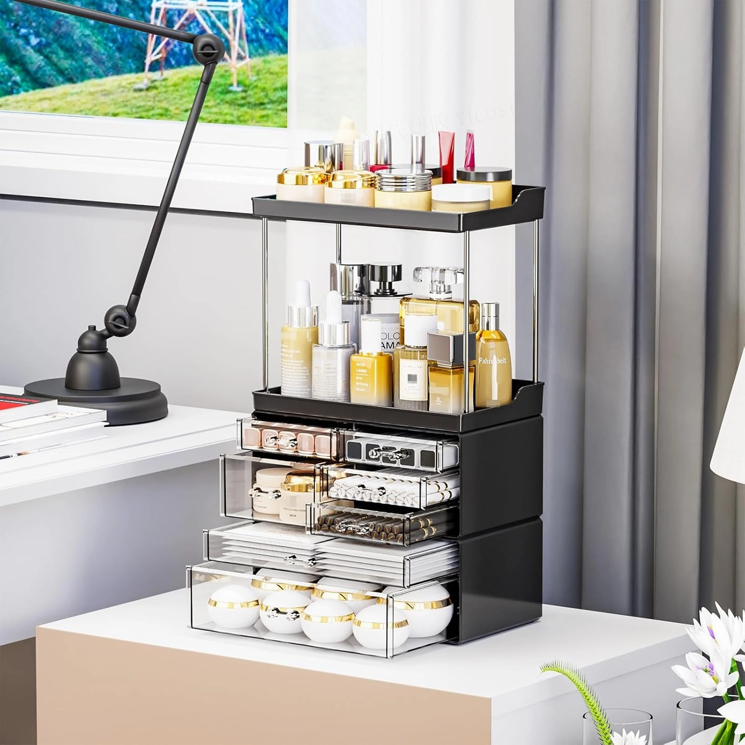 Yieach Acrylic Makeup Organizer Countertop,Large Skincare Organizer for Dresser Top,Plastic Bathroom Counter Organizers and Storage for Beauty,Cosmetic,Hair Products,Lotion and Perfume Organizer,Black
