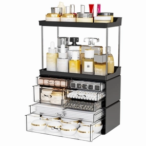 Yieach Acrylic Makeup Organizer Countertop,Large Skincare Organizer for Dresser Top,Plastic Bathroom Counter Organizers and Storage for Beauty,Cosmetic,Hair Products,Lotion and Perfume Organizer,Black