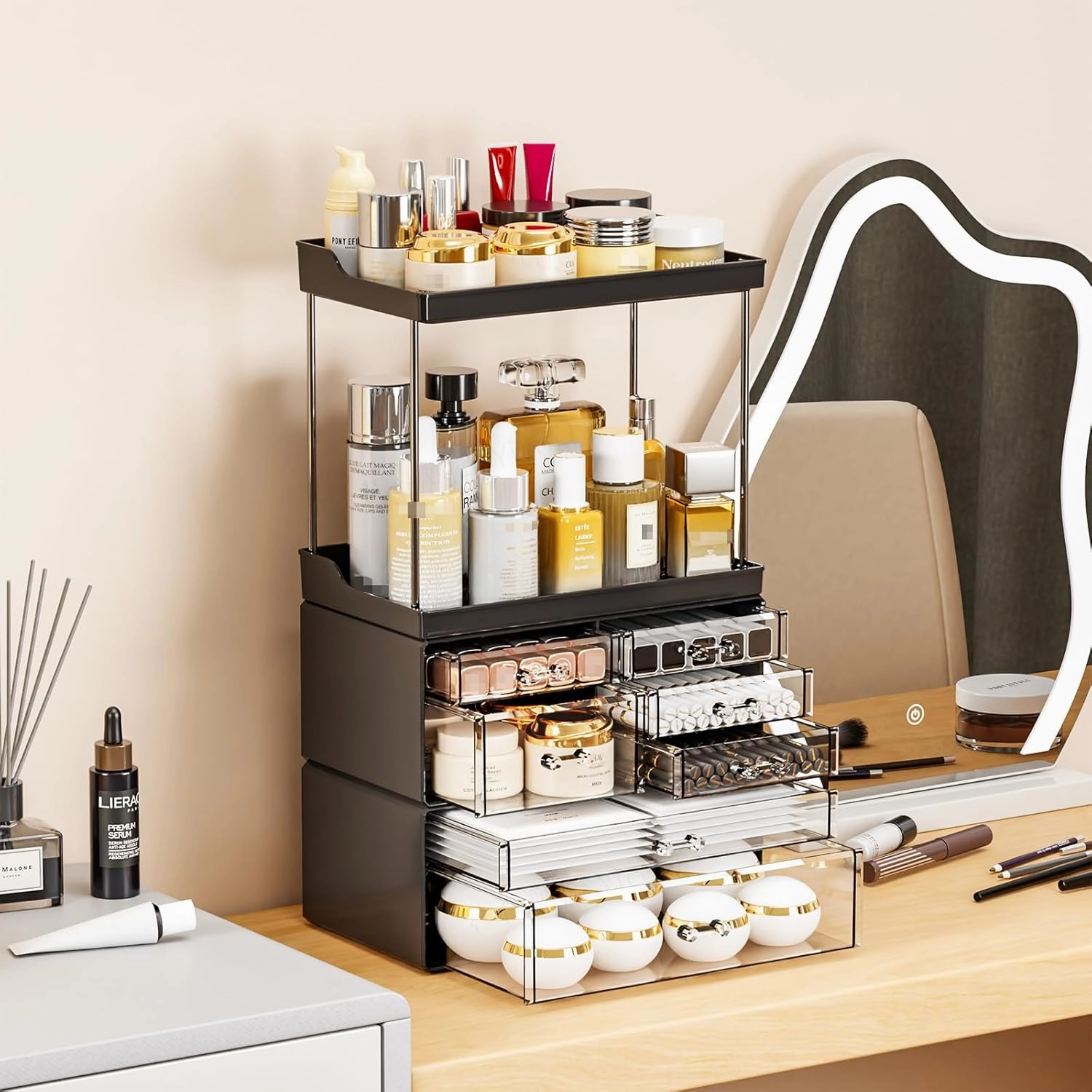 Yieach Acrylic Makeup Organizer Countertop,Large Skincare Organizer for Dresser Top,Plastic Bathroom Counter Organizers and Storage for Beauty,Cosmetic,Hair Products,Lotion and Perfume Organizer,Black