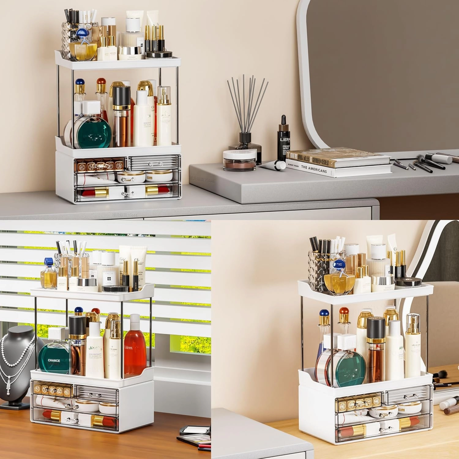 Yieach Bathroom Counter Organizers and Storage,White Acrylic Makeup Organizers with Drawers for Vanity,Bedroom,Plastic Skincare Organizer for Dresser Top Beauty,Cosmetic,Lotion and Perfume Organizer
