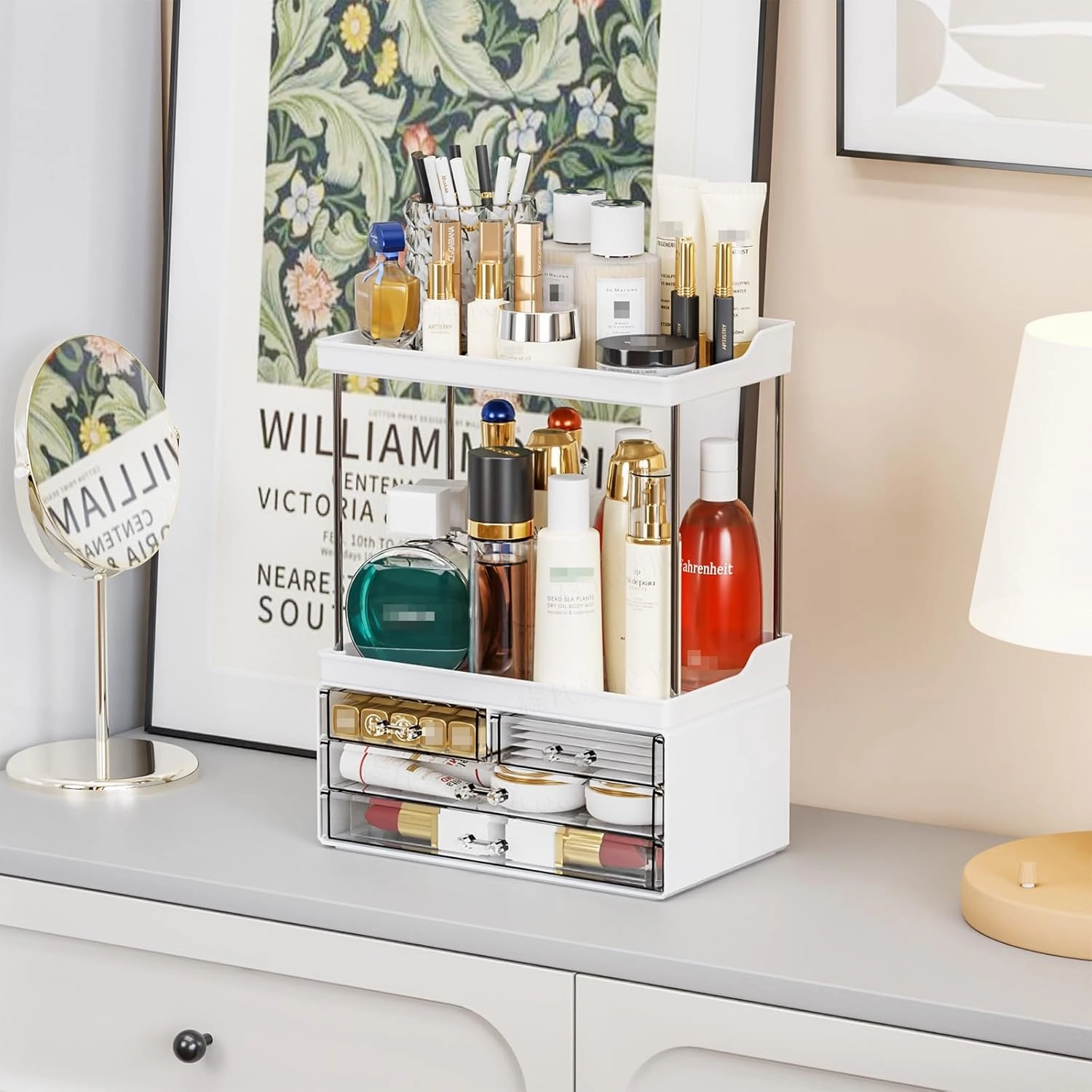 Yieach Bathroom Counter Organizers and Storage,White Acrylic Makeup Organizers with Drawers for Vanity,Bedroom,Plastic Skincare Organizer for Dresser Top Beauty,Cosmetic,Lotion and Perfume Organizer