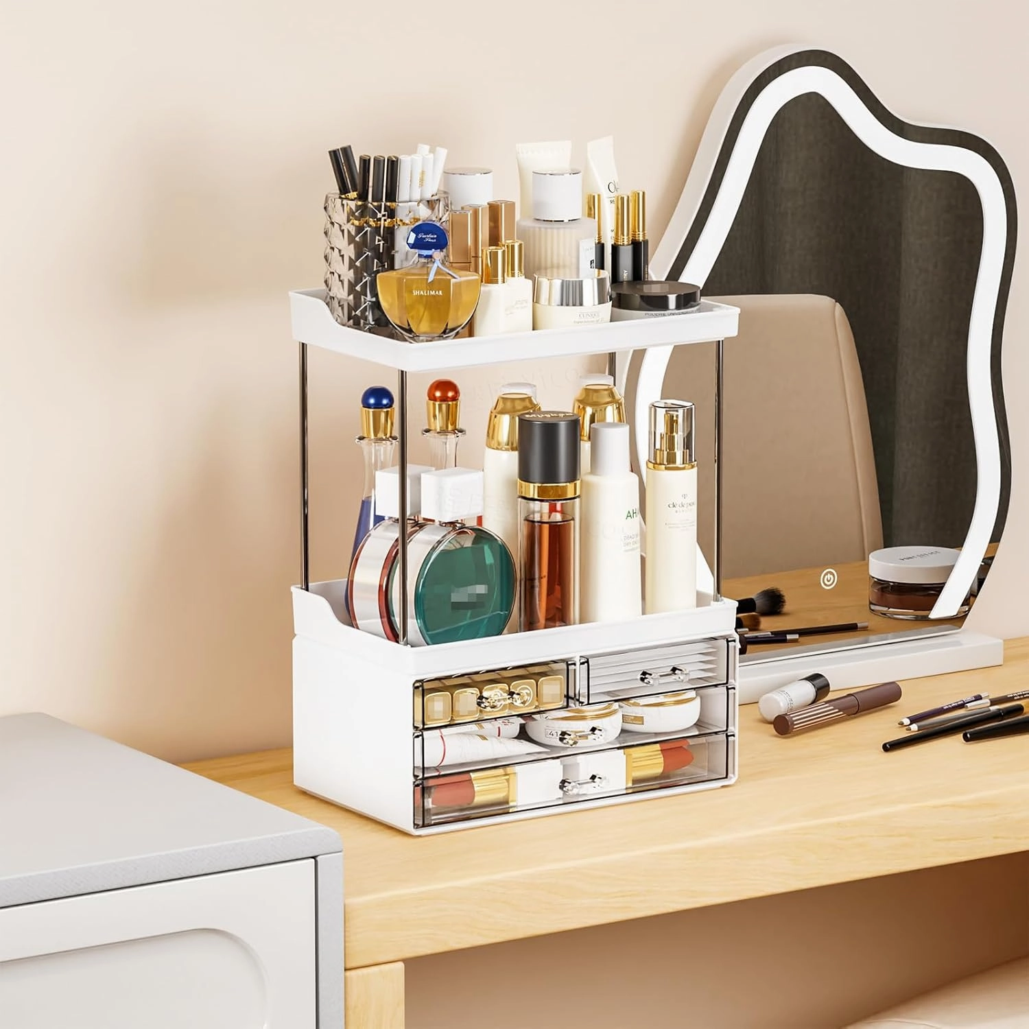 Yieach Bathroom Counter Organizers and Storage,White Acrylic Makeup Organizers with Drawers for Vanity,Bedroom,Plastic Skincare Organizer for Dresser Top Beauty,Cosmetic,Lotion and Perfume Organizer