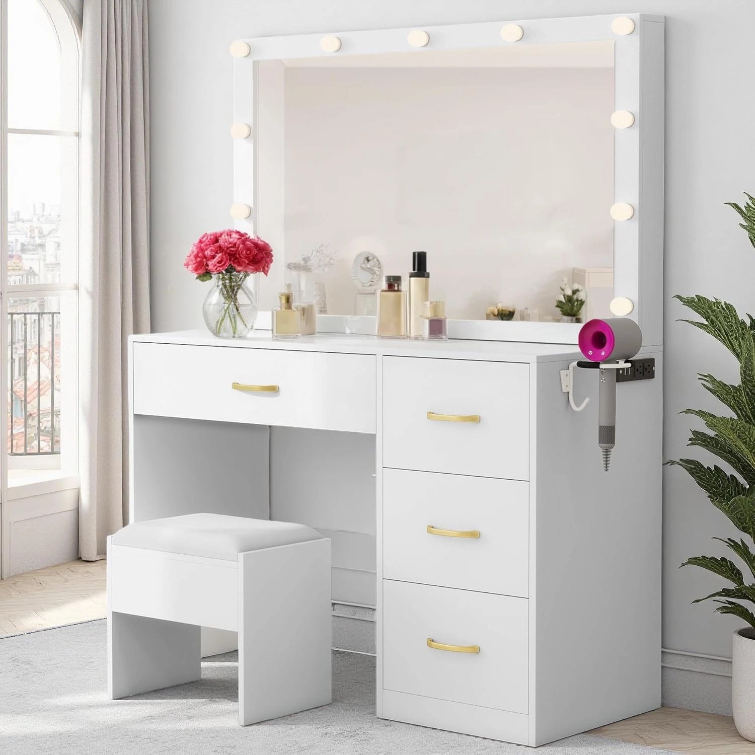 YITAHOME Vanity Desk, Vanity Mirror with Lights, Makeup Vanity Set with 4 Drawers, 3 Lighting Modes, Charging Station and Vanity Bench