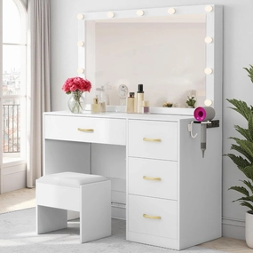 YITAHOME Vanity Desk, Vanity Mirror with Lights, Makeup Vanity Set with 4 Drawers, 3 Lighting Modes, Charging Station and Vanity Bench