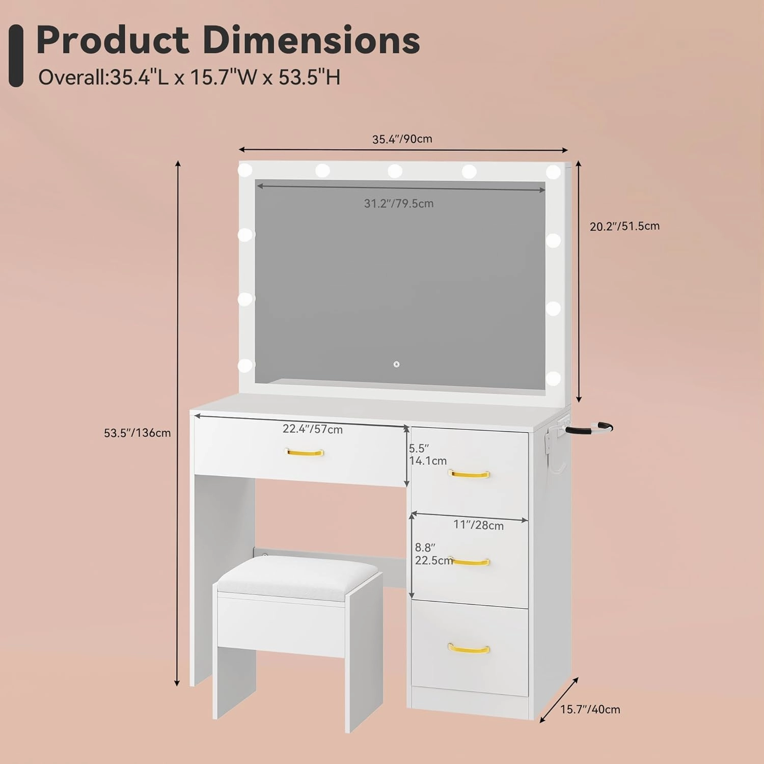 YITAHOME Vanity Desk, Vanity Mirror with Lights, Makeup Vanity Set with 4 Drawers, 3 Lighting Modes, Charging Station and Vanity Bench