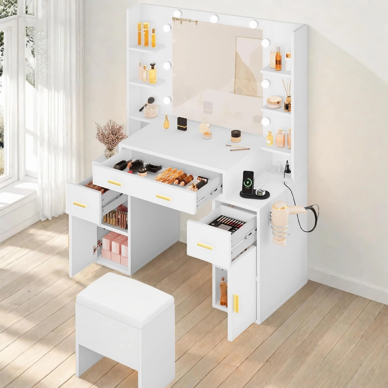 YITAHOME Vanity Desk with Mirror, Makeup Vanity Set with LED Lights and Power Outlet, Dressing Table with Drawers, Shelves, Cabinet, Storage Bench, 3 Color Modes Available, Snow White