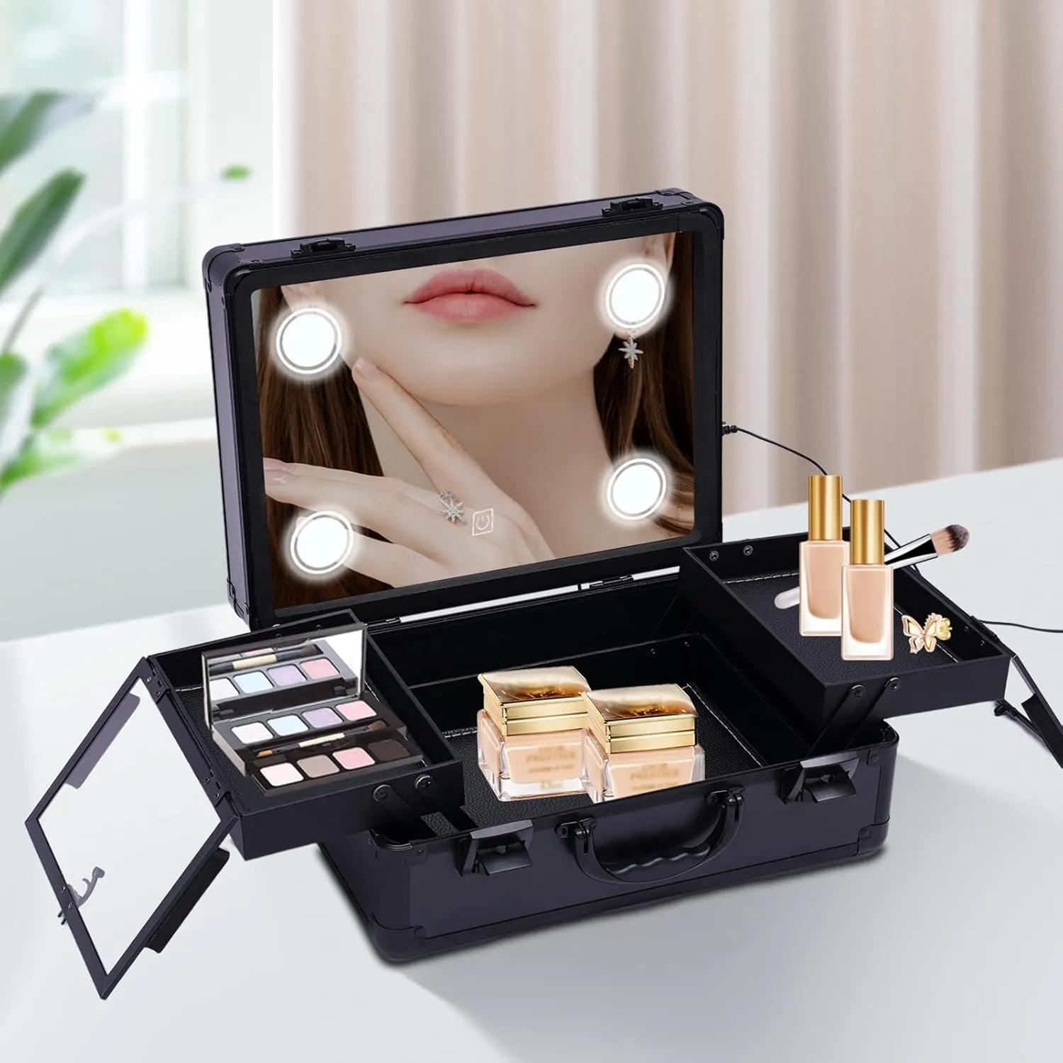 YIYIBYUS Makeup Train Case, 2 Layers Professional Make-up Bag With Light Up Mirror Travel Cosmetic Artist Organizer Box Makeup Cases for Make-up Artists, Hairdressers (Black)