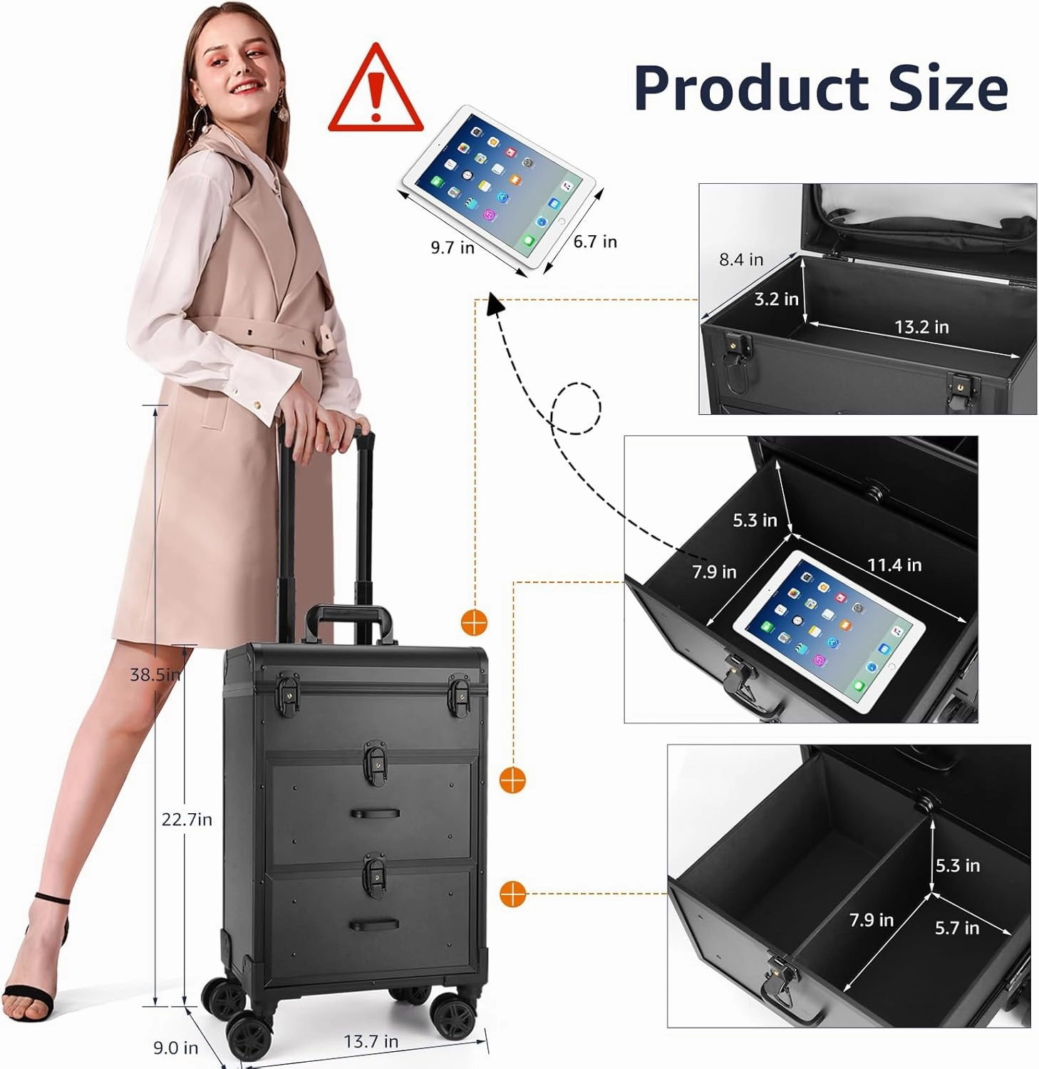 Yokilly Rolling Makeup Train Case, Professional Cosmetology Case on Wheels, Aluminum Cosmetic Trolley Travelling Cart Trunk with Swivel Wheels, Sliding Drawer & Keys for Nail Technician Stylist(Black)