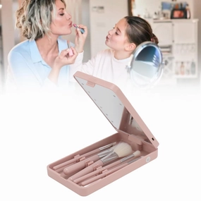 Yosoo Makeup Brush Set with Mirror, 5-Piece Pink Plastic Cosmetic Brush Kit, Aluminum Ferrule, LED Illuminated Vanity Mirror, Travel & Home Use